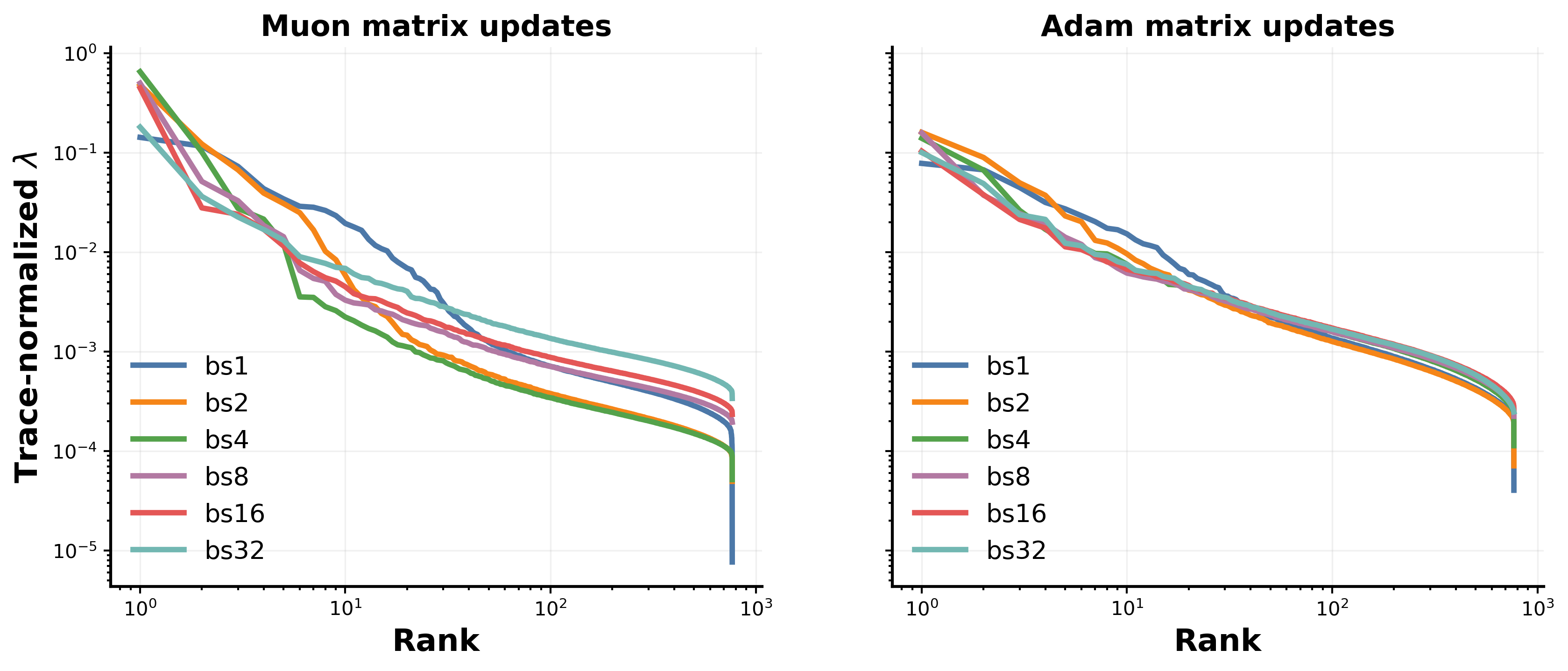 **Figure 7:** **Batch-dependent activation spectra appear under both Muon and Adam matrix updates.** Each panel shows final layer-11 activation covariance spectra for LSWA across effective batch tiers. The Adam variant still shows batch-dependent spectral separation, so the hidden-regime effect is not intrinsic to Muon. The separation is stronger and more sharply structured in the Muon runs, consistent with Muon changing the geometry of hidden-layer matrix updates.