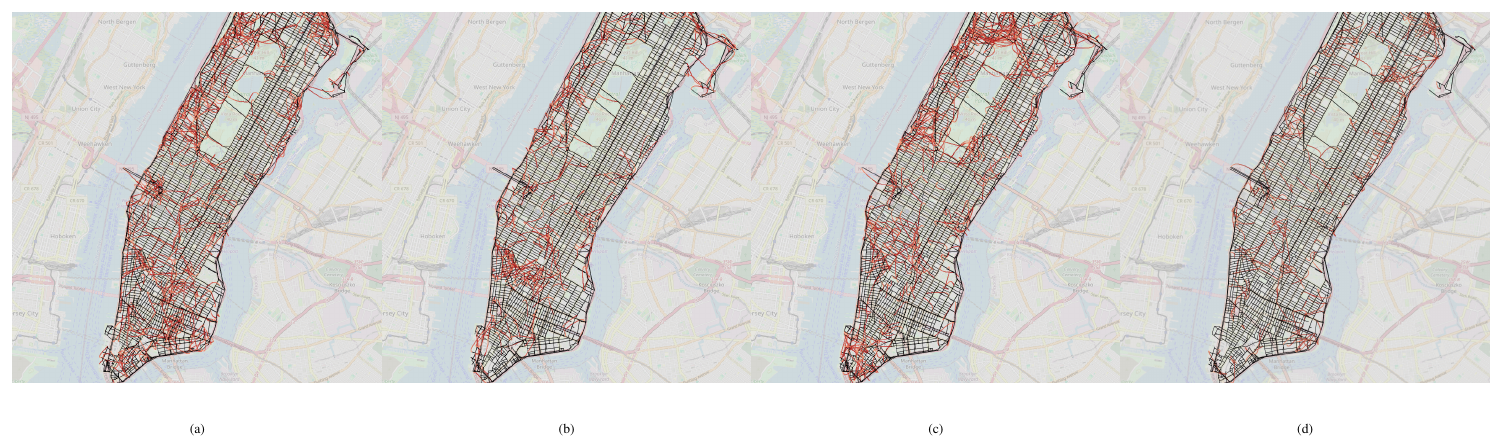 **Figure 3:** Reconstructed maps from transformers trained on Manhattan taxi rides using different objectives.