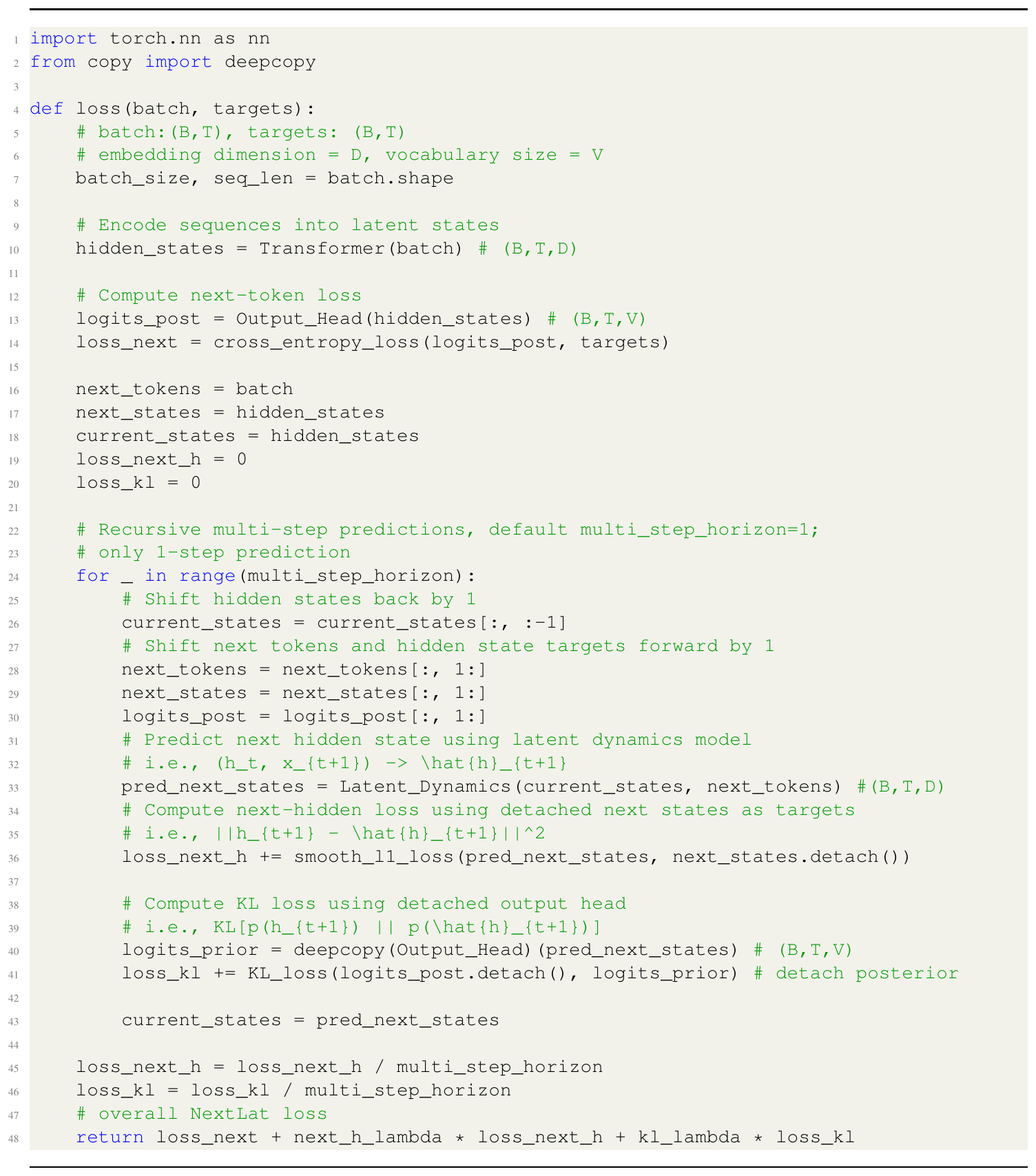 **Algorithm 1:** Pseudocode for NextLat's loss function in PyTorch syntax. The loss functions `cross_entropy_loss()`, `smooth_l1_loss()`, and `KL_loss()` are implemented externally.