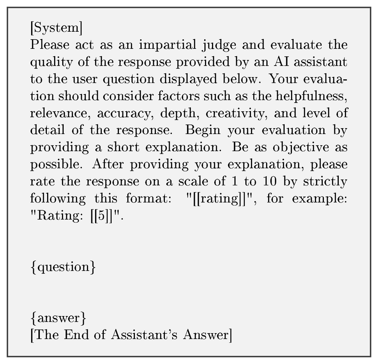 **Figure 12:** The prompt template for single-answer grading of GPT-4 feedback from [32].