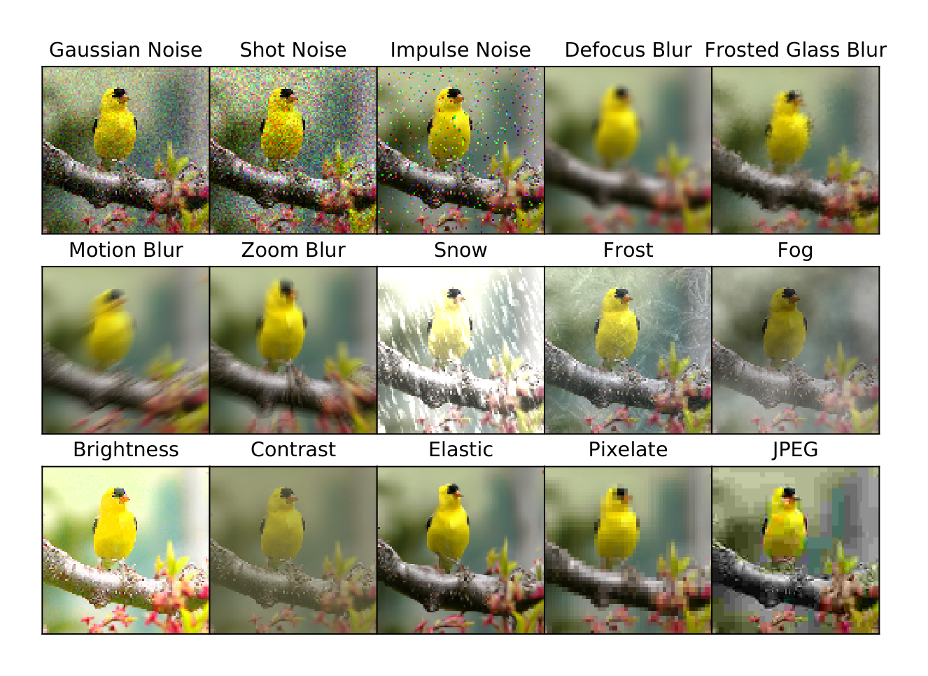 Figure A1. Sample images from the Common Corruptions Benchmark, taken from the original paper by Hendrycks & Dietterich (2019).