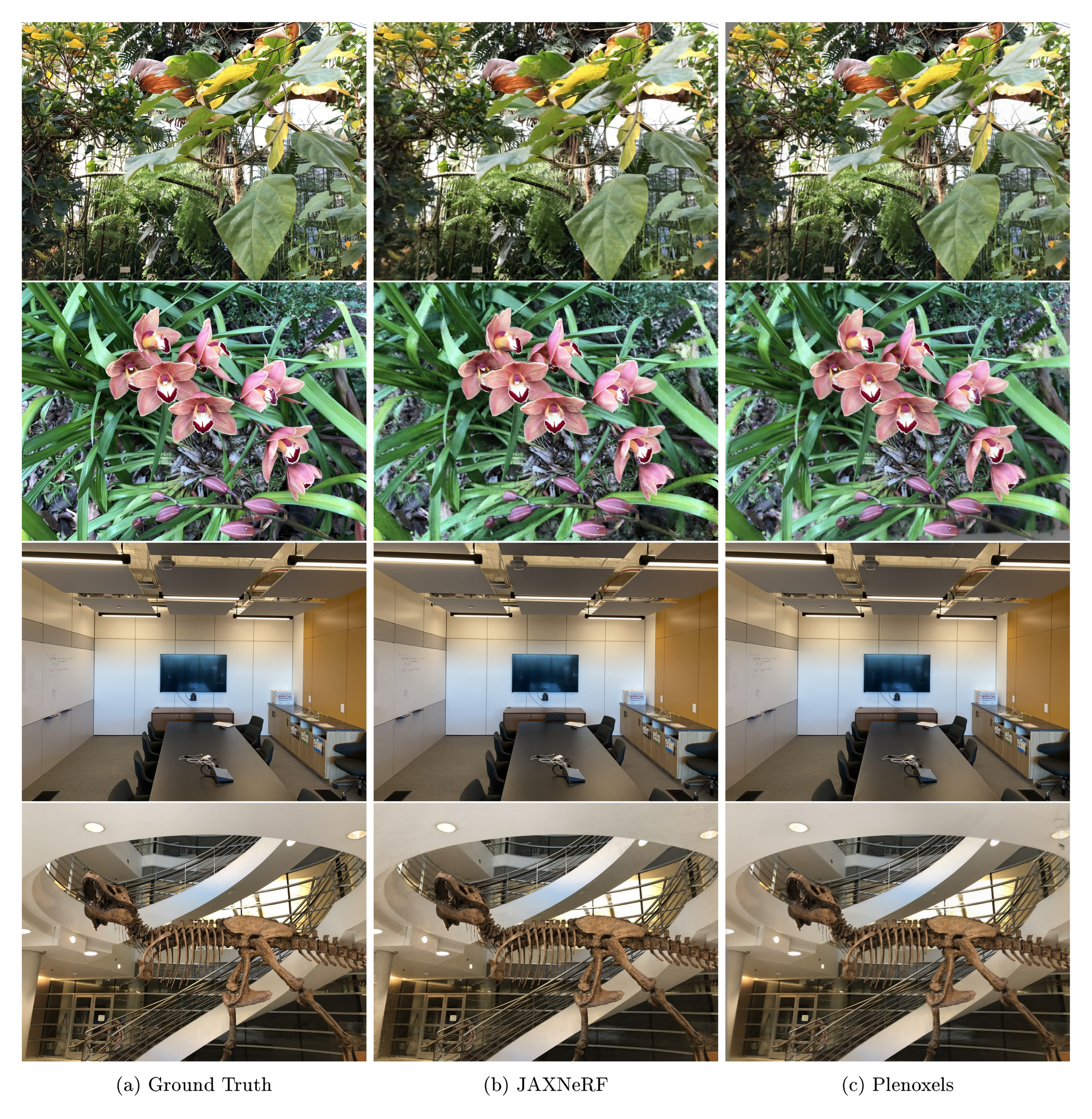 **Figure 12:** **Forward-facing scenes.** We show a random view from each of the forward-facing scenes, comparing the ground truth, JAXNeRF [1, 45], and our Plenoxels. Note that these two methods have different behaviors in unsupervised regions (*e.g* the bottom right in the orchids view): JAXNeRF fills in plausible textures whereas Plenoxels default to gray.