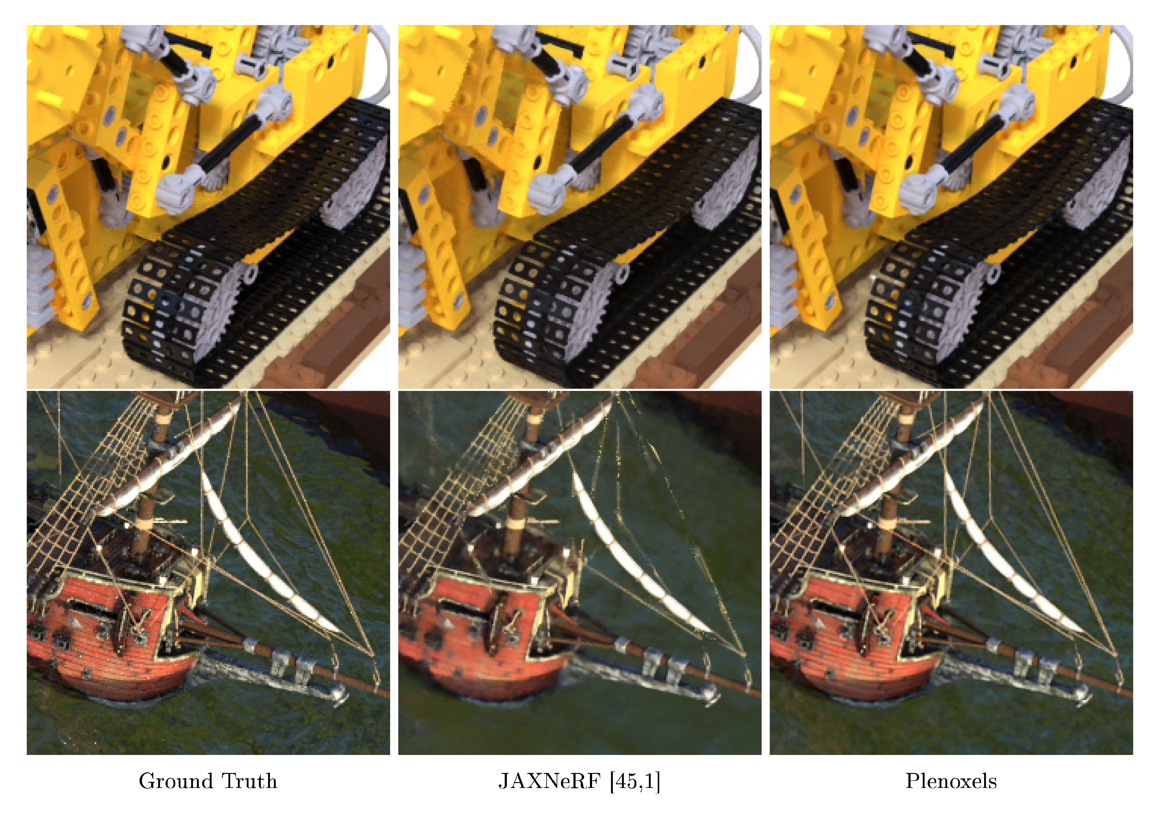 **Figure 6:** **Synthetic, bounded scenes.** Example results on the lego and ship synthetic scenes from NeRF [1]. Please see the supplementary material for more images.