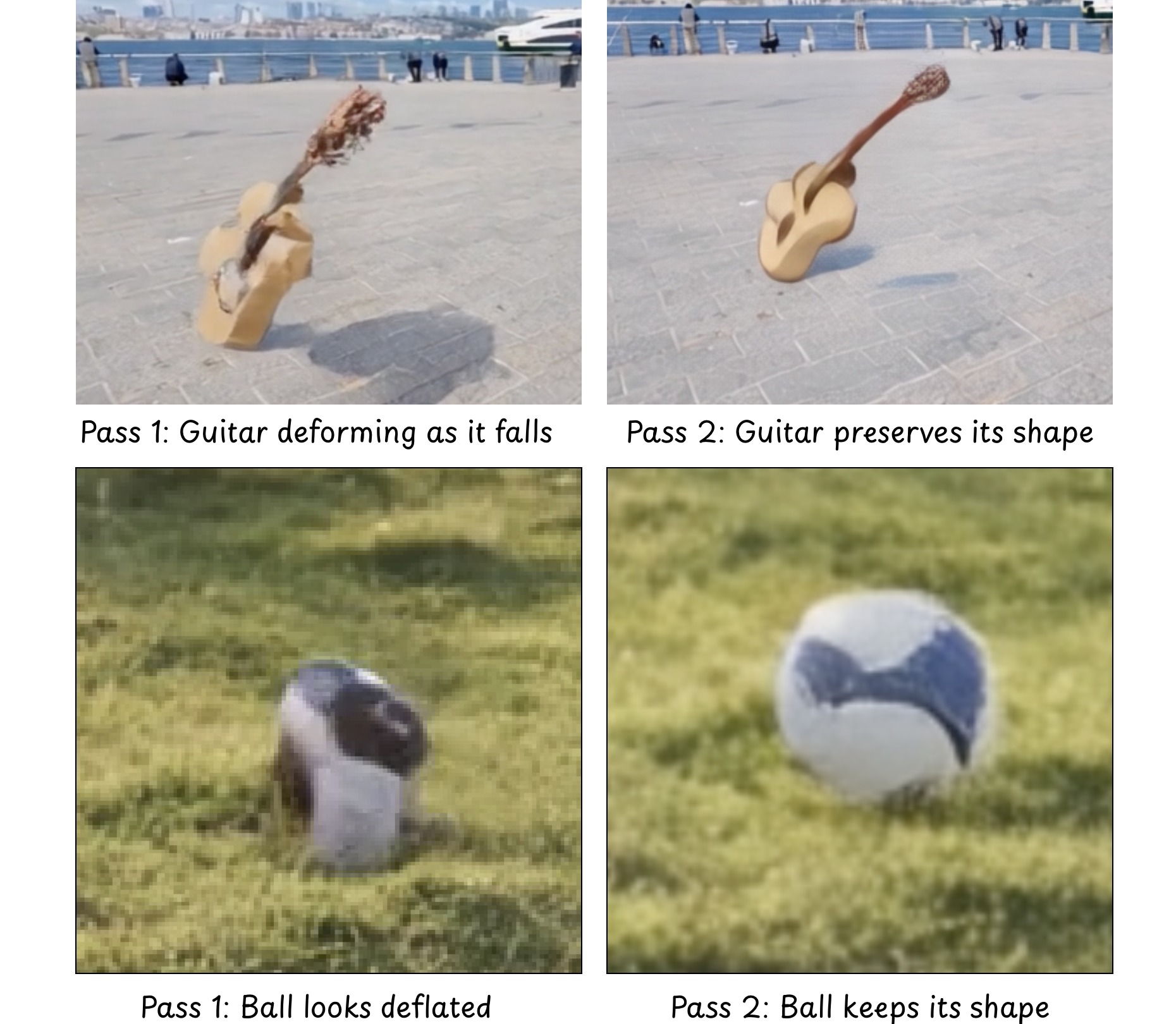 **Figure 4:** Frames from generated videos featuring a guitar entering free-fall and a thrown ball following a new trajectory. Pass 1 (left) produces correct counterfactual trajectories but exhibits structural deformation. Pass 2 (right) better preserves object rigidity by using motion-aligned warped noise.