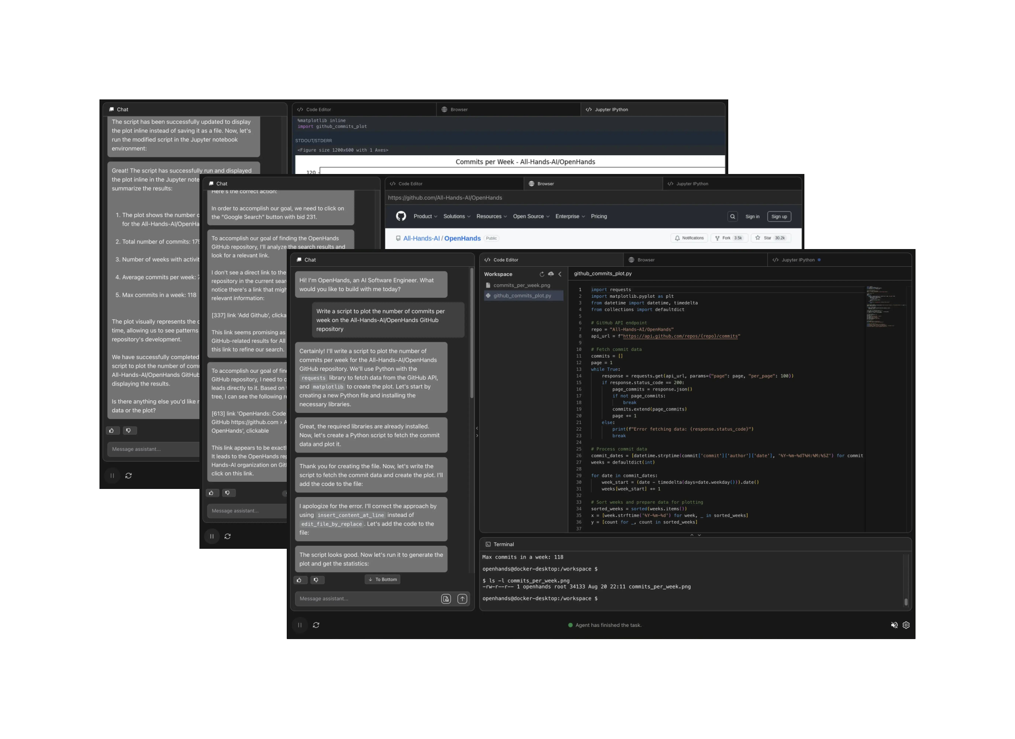 **Figure 1:** OpenHands User Interface (UI, § D) allows users to view files, check executed bash commands/Python code, observe the agent's browser activity, and directly interact with the agent.
