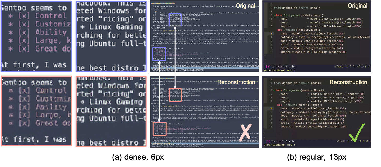 **Figure 4:** Wan2.1 VAE reconstructions on CLIGen (General) terminal frames at different font sizes.