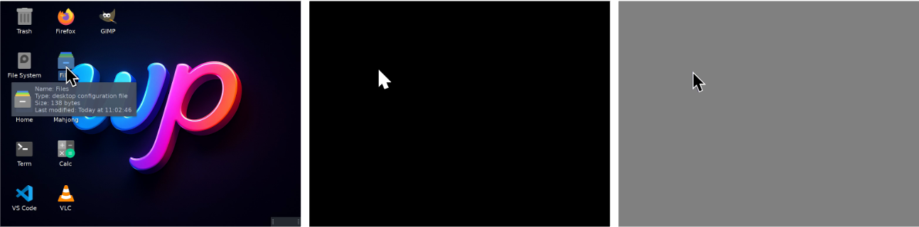 **Figure 8:** **Cursor references in GUIWorld.** **Left:** original desktop frames. **Middle:** binary cursor masks. **Right:** cursor-only reference frames rendered over a neutral background.