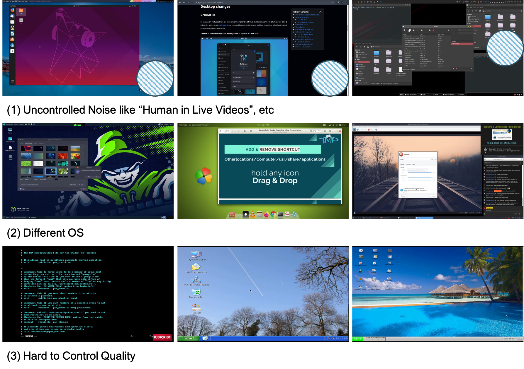 **Figure 10:** **Common issues in web-scale screen video crawling.** Web videos mix uncontrolled content, heterogeneous OS/UI configurations, and inconsistent capture quality. This makes terminal localization, OCR, and time alignment unreliable without heavy filtering and sanitization.