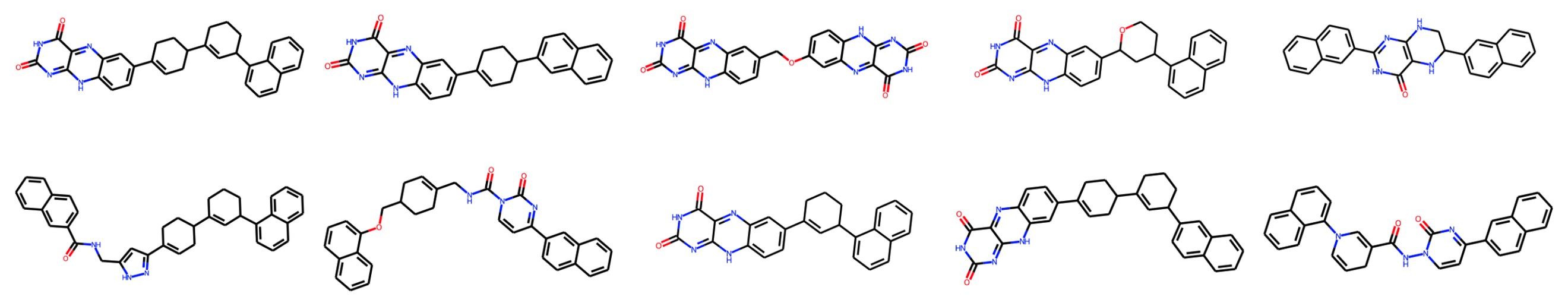**Figure 9:** Visualization of top molecules generated by GFlowNet and GAFlowNet (the top- $5$ candidates are illustrated here, where full results for the top- $10$ molecules are in Appendix B.6).