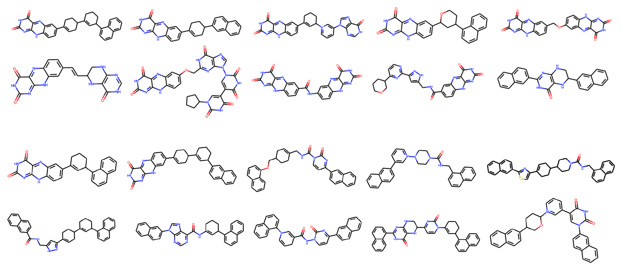 **Figure 14:** Full visualization of top- $10$ molecules generated by GFlowNet and GAFlowNet.