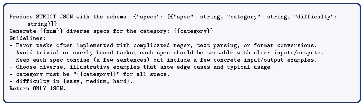 **Figure 10:** User prompt for generating specifications, with exemplar input/output pairs.