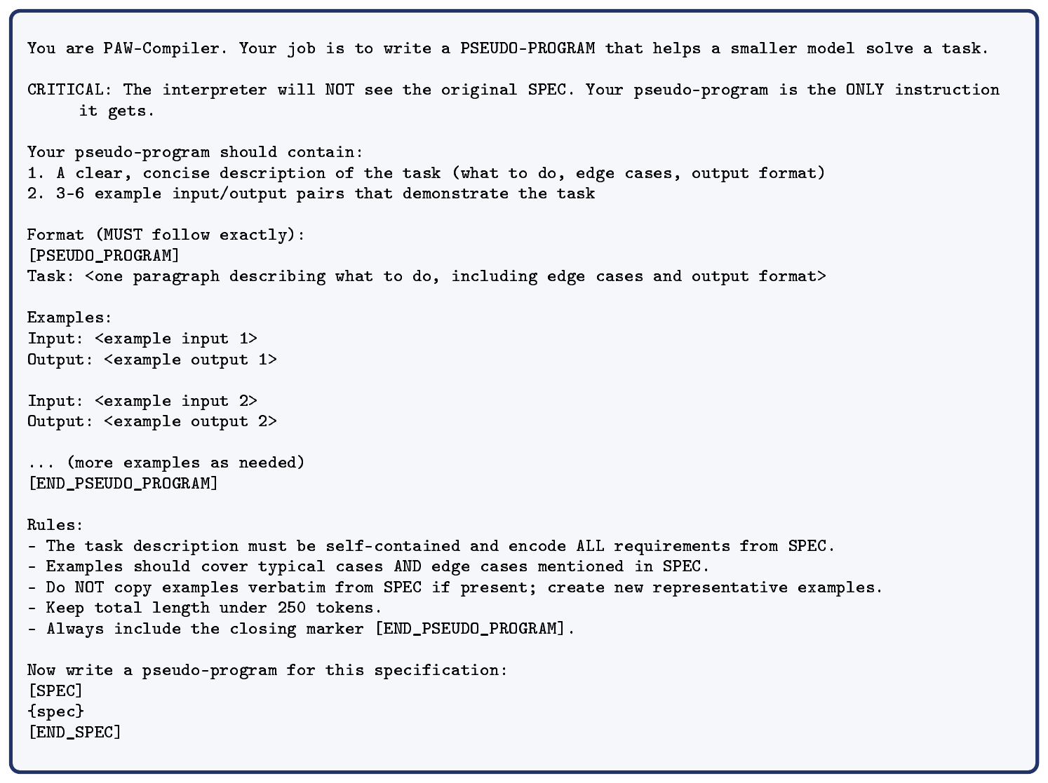 **Figure 14:** Compiler prompt, `examples` style. Used by the off-the-shelf reference compiler (Qwen3-4B-Instruct-2507) to generate the rollouts used during training.