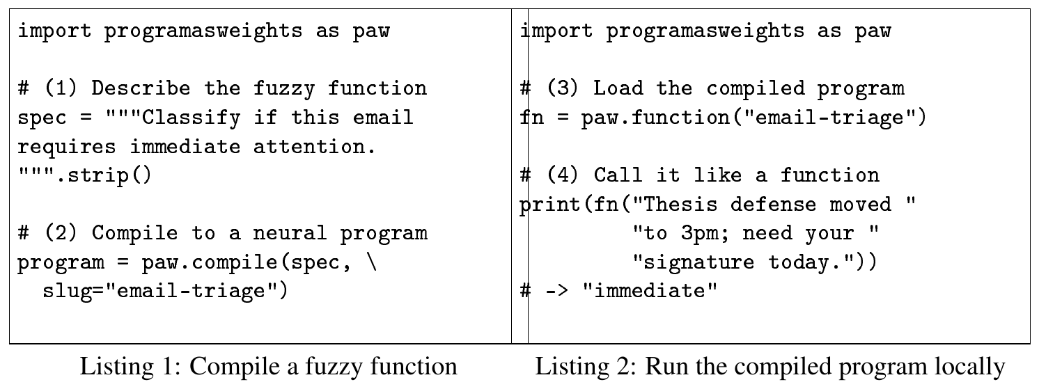 **Figure 4:** **Developer interface.** *Left*: the compiler translates a natural-language specification into a neural program. *Right*: the interpreter loads this program and exposes it as a local function.