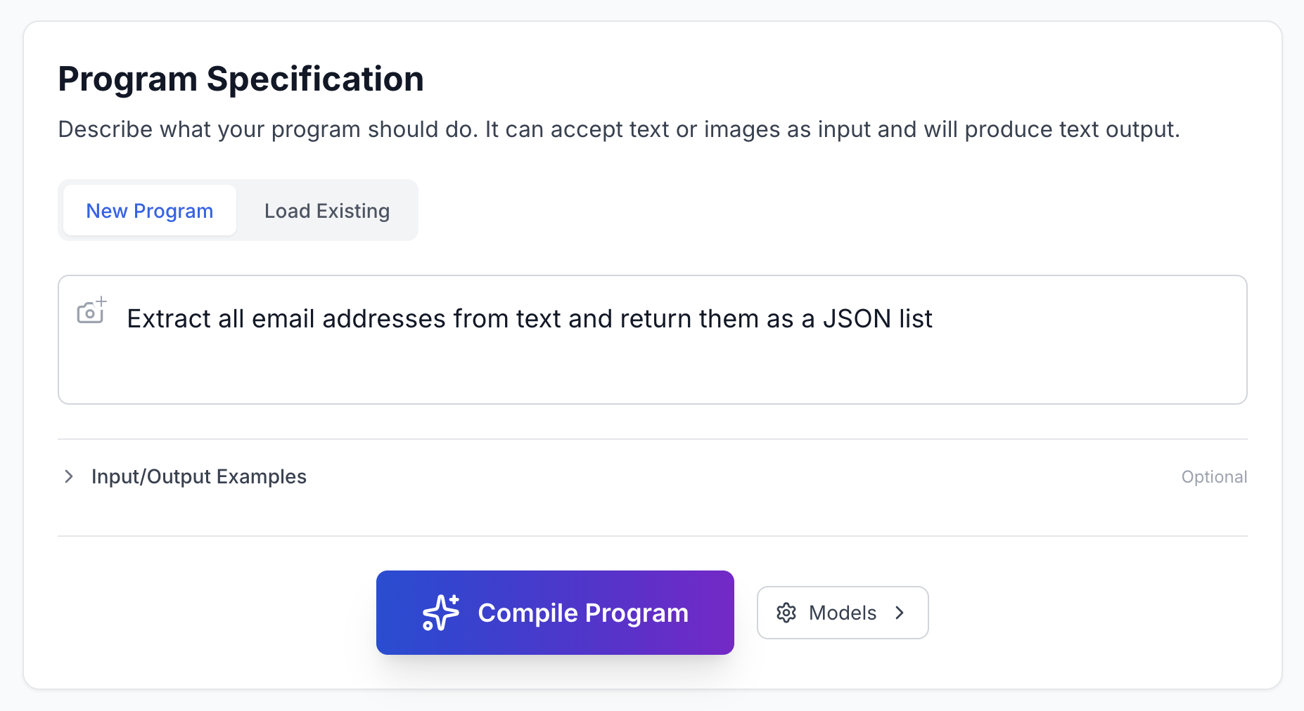**Figure 5:** **Step 1: Compile a program from natural language.** The user specifies a fuzzy function in natural language. Image inputs are also supported.