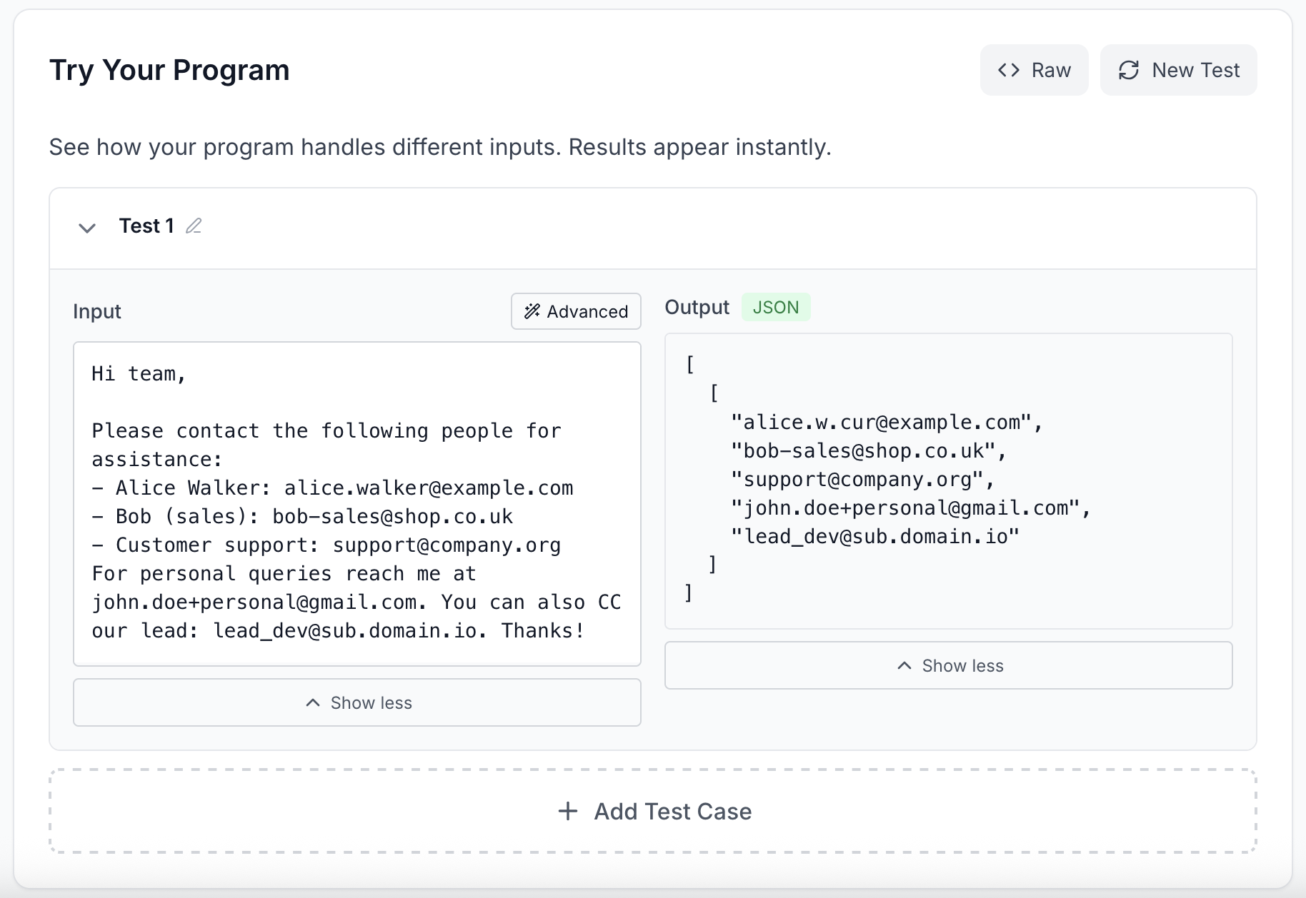 **Figure 6:** **Step 2: Interactively test the compiled program.** Users can provide test inputs and inspect the corresponding outputs, enabling rapid validation and refinement before download.
