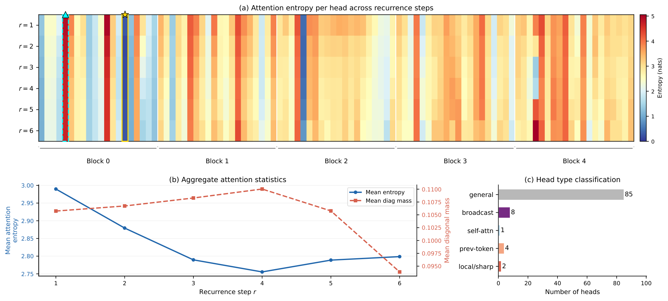 **Figure 17:** **Attention entropy across recurrence steps.** (a) Full $6 \times 100$ entropy heatmap; white lines separate blocks. $\star$: Block 0 Head 14 (previous-token specialist, entropy 0.30). $\triangle$: Block 0 Head 4 (broadcast head, entropy 4.87). Head roles are highly stable. (b) Mean entropy (blue) and diagonal mass (orange) per step; non-monotone entropy profile mirrors the two-phase CKA structure. (c) Head type classification across all 100 heads.