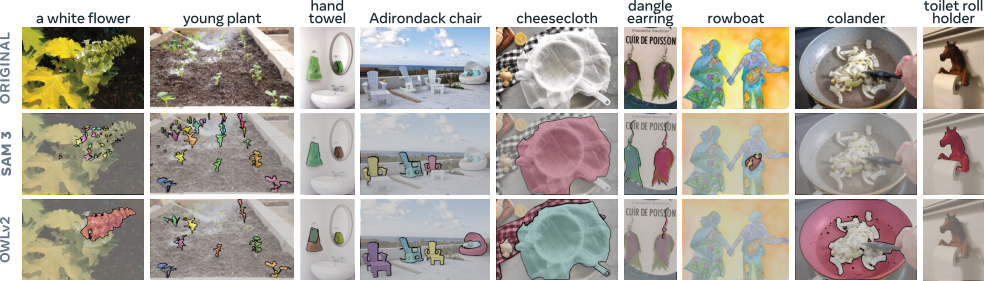 **Figure 2:** Examples of SAM 3 improving segmentation of open-vocabulary concepts compared to OWLv2 ([3]), on the SA-Co benchmark. See § F.6.1 for additional SAM 3 outputs.