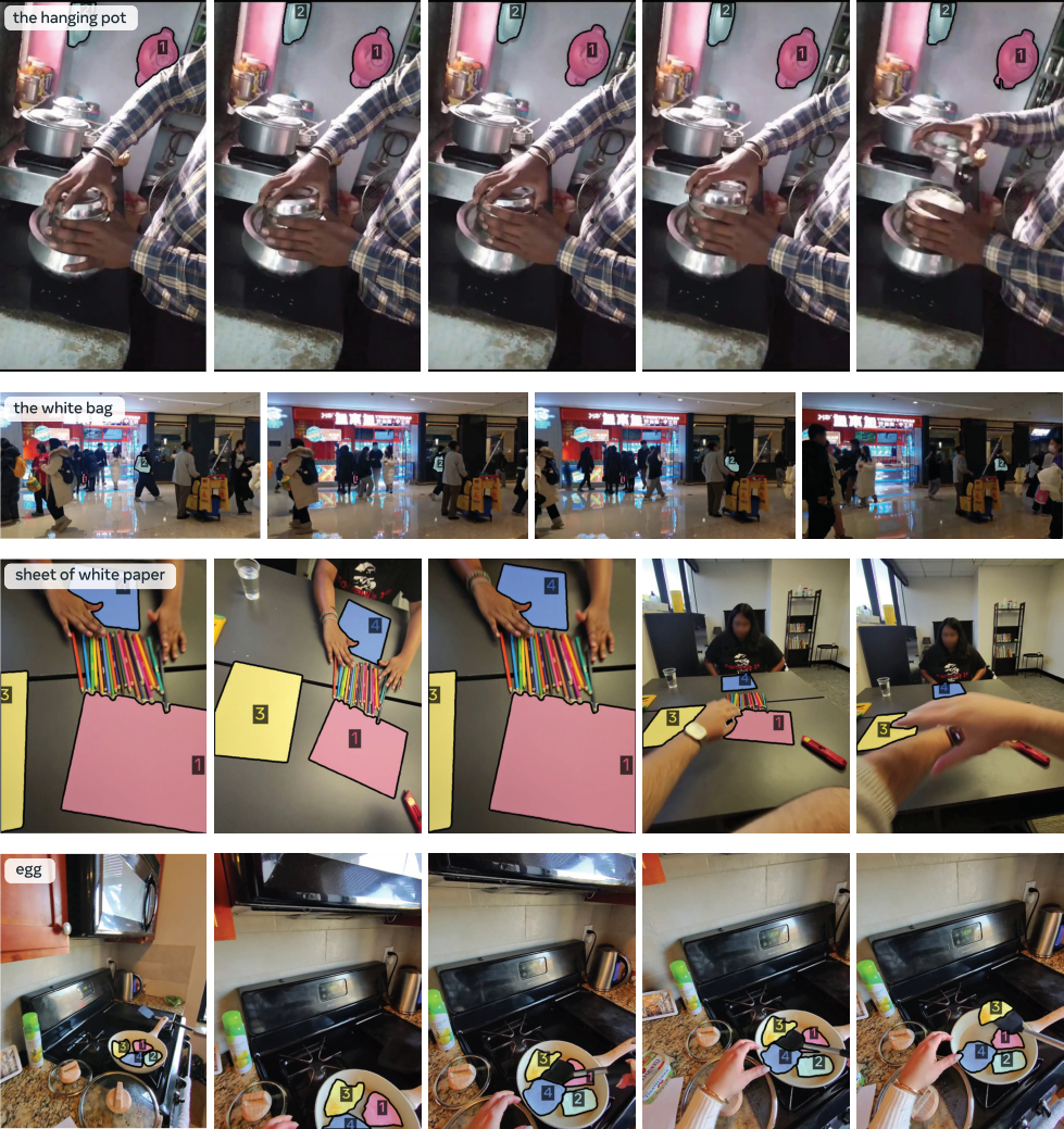 **Figure 23:** Example video concept segmentation predictions on the {{SA-Co} /VEval} SA-V test set (top two rows) and the {{SA-Co} /VEval} SmartGlasses test set (bottom two rows).