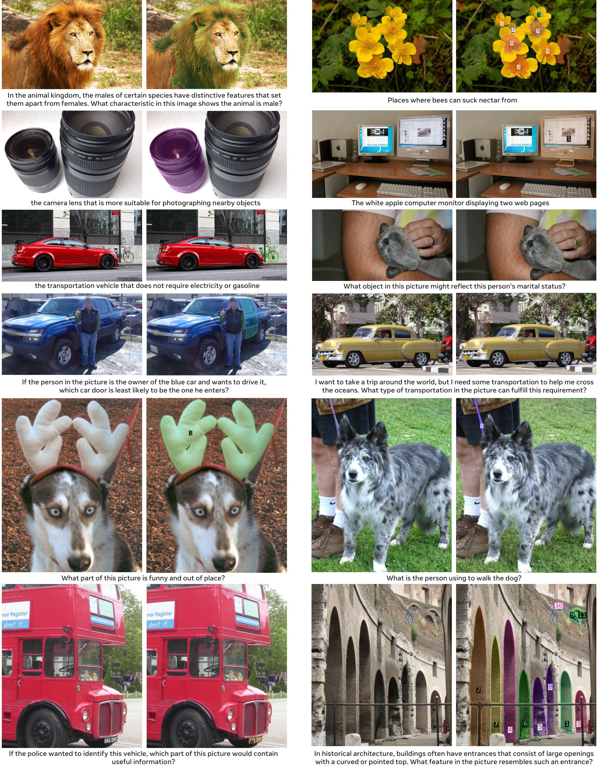 **Figure 25:** Successful examples of SAM 3 Agent (Qwen2.5-VL 72B) on the ReasonSeg ([26]) dataset for Reasoning Segmentation and the RefCOCOg ([132]) dataset for Referring Expression Segmentation. For each example, see the original input image (left), textual user query (bottom), and final segmentation output (if applicable) from SAM 3 Agent (right).