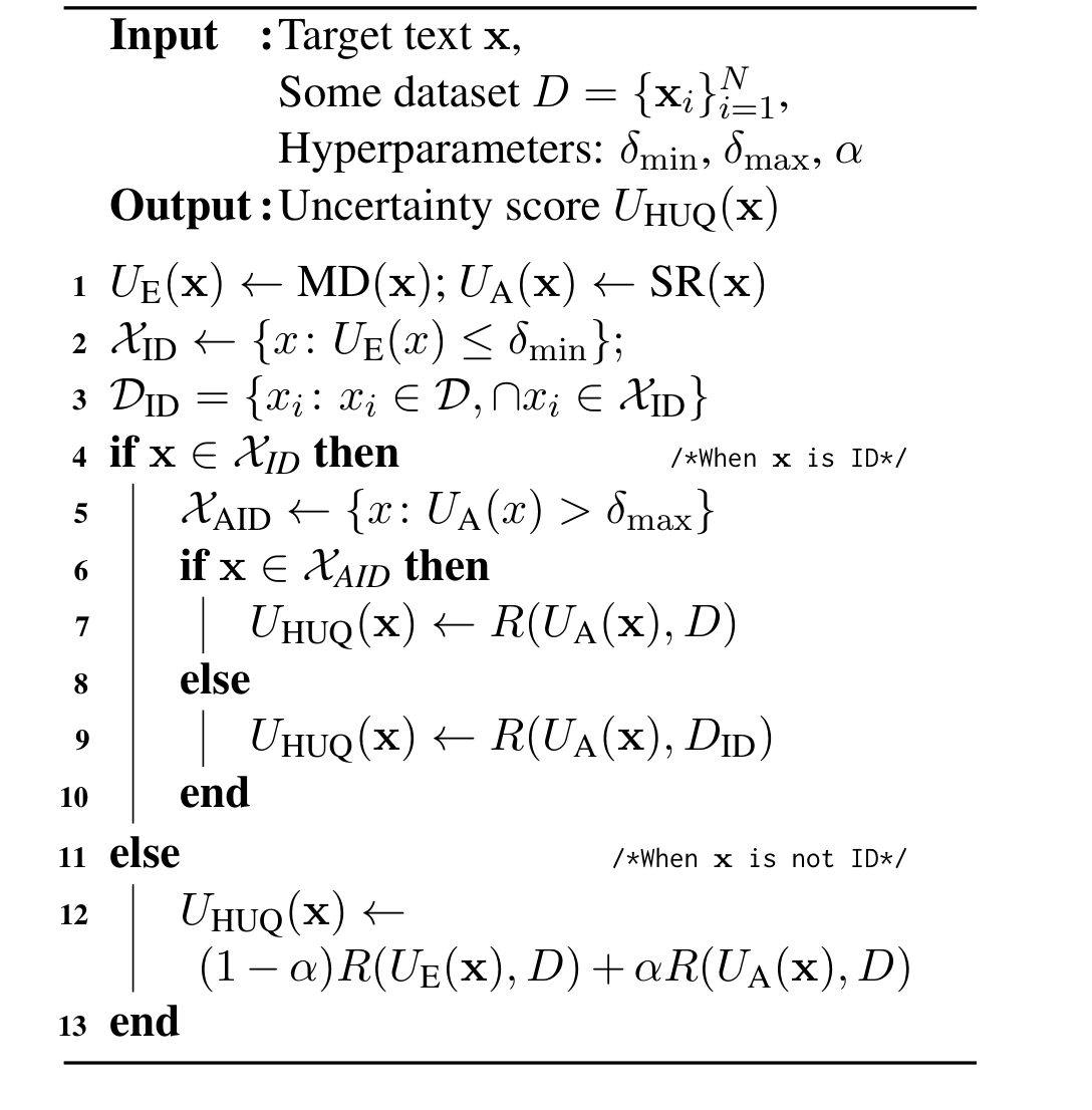 Algorithm 1: The HUQ algorithm with MD for epistemic UE and SR for aleatoric UE.