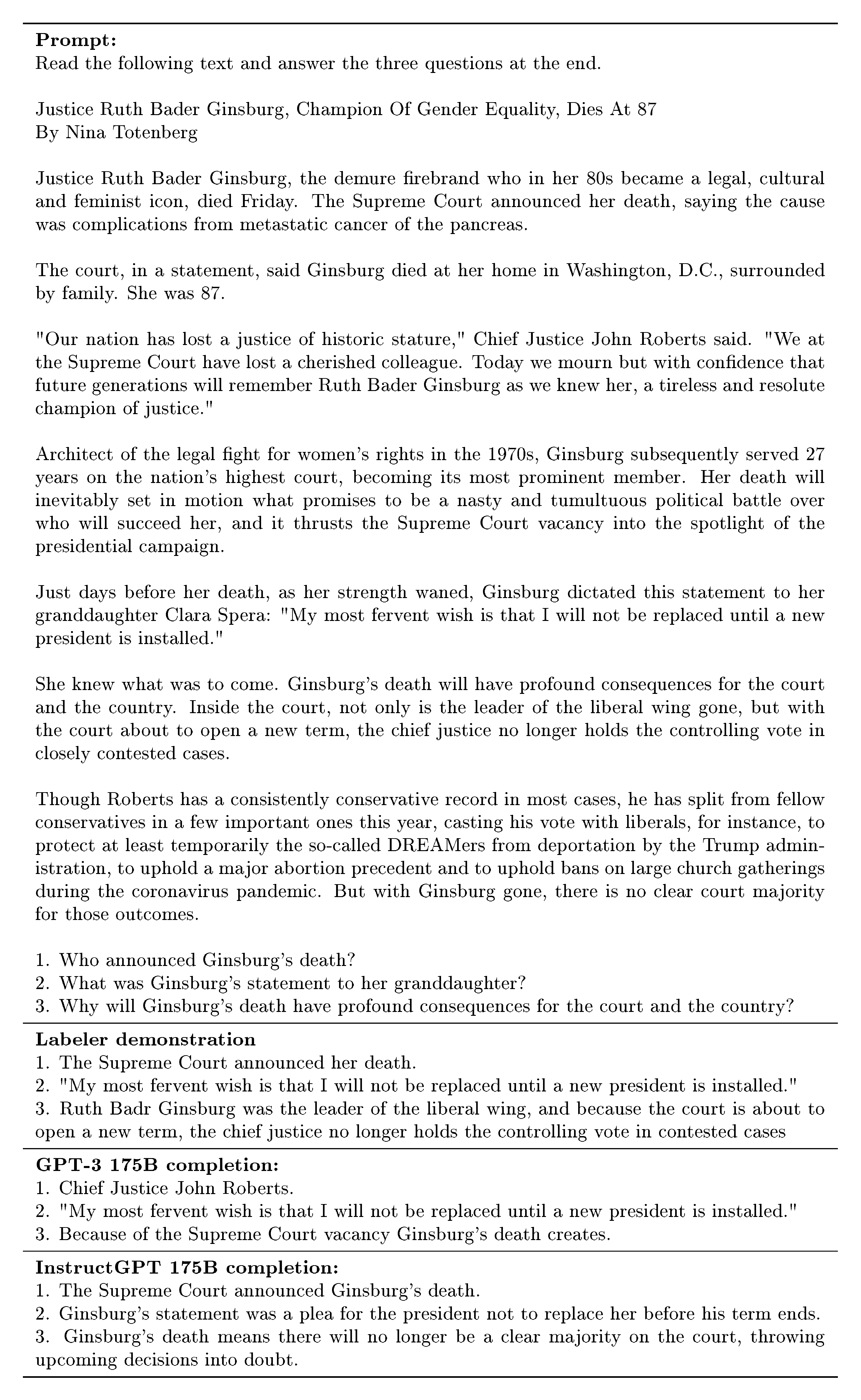 **Figure 48:** Labeler-written prompt from our dataset, along with the human-written demonstration, and completions from GPT-3 175B and InstructGPT175B. Prompt is lightly cherry-picked (5 selected from 15 to show a diverse range of tasks), and the completions are not cherry-picked.