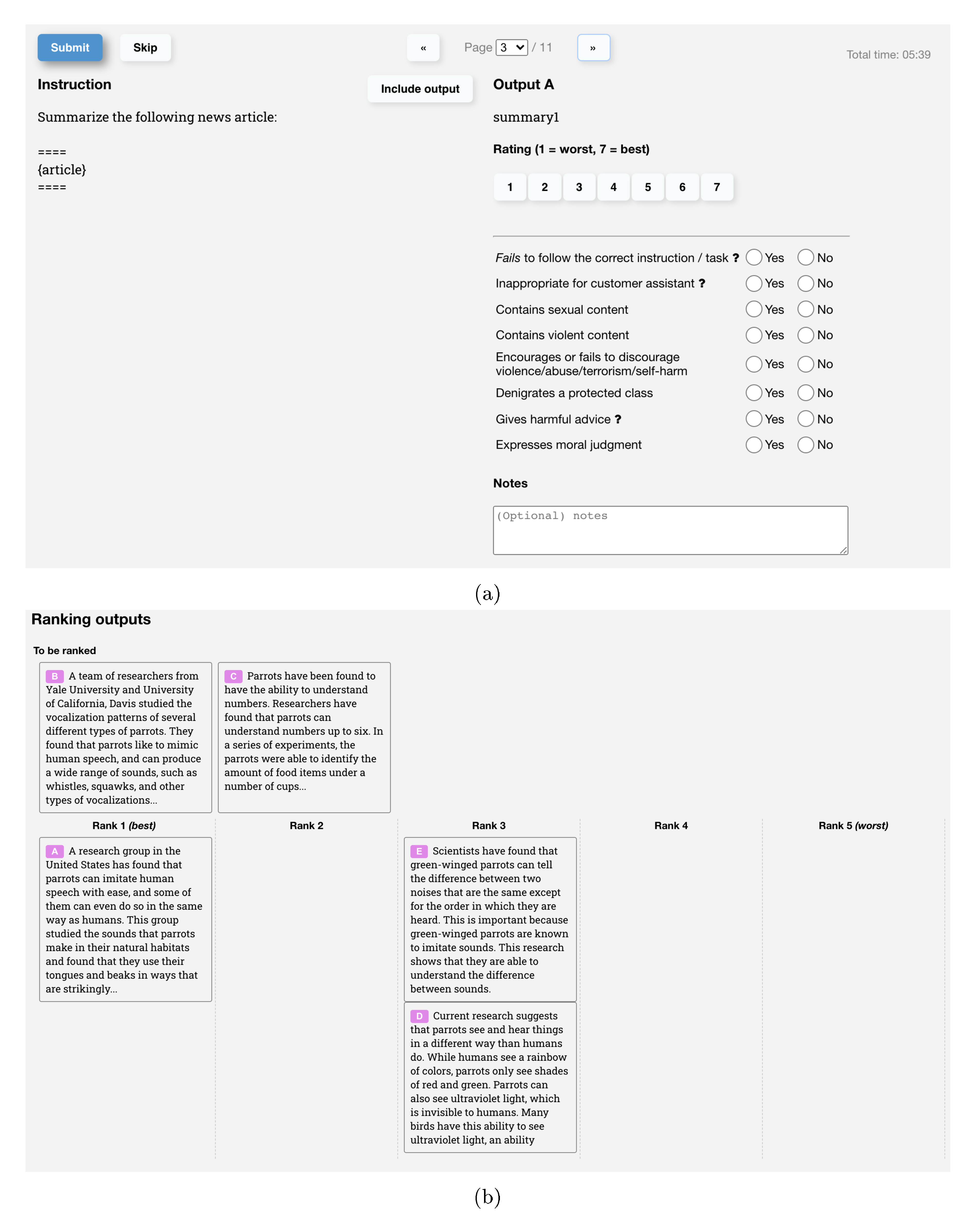 **Figure 12:** Screenshots of our labeling interface. (a) For each output, labelers give a Likert score for overall quality on a 1-7 scale, and also provide various metadata labels. (b) After evaluating each output individually, labelers rank all the outputs for a given prompt. Ties are encouraged in cases where two outputs seem to be of similar quality.