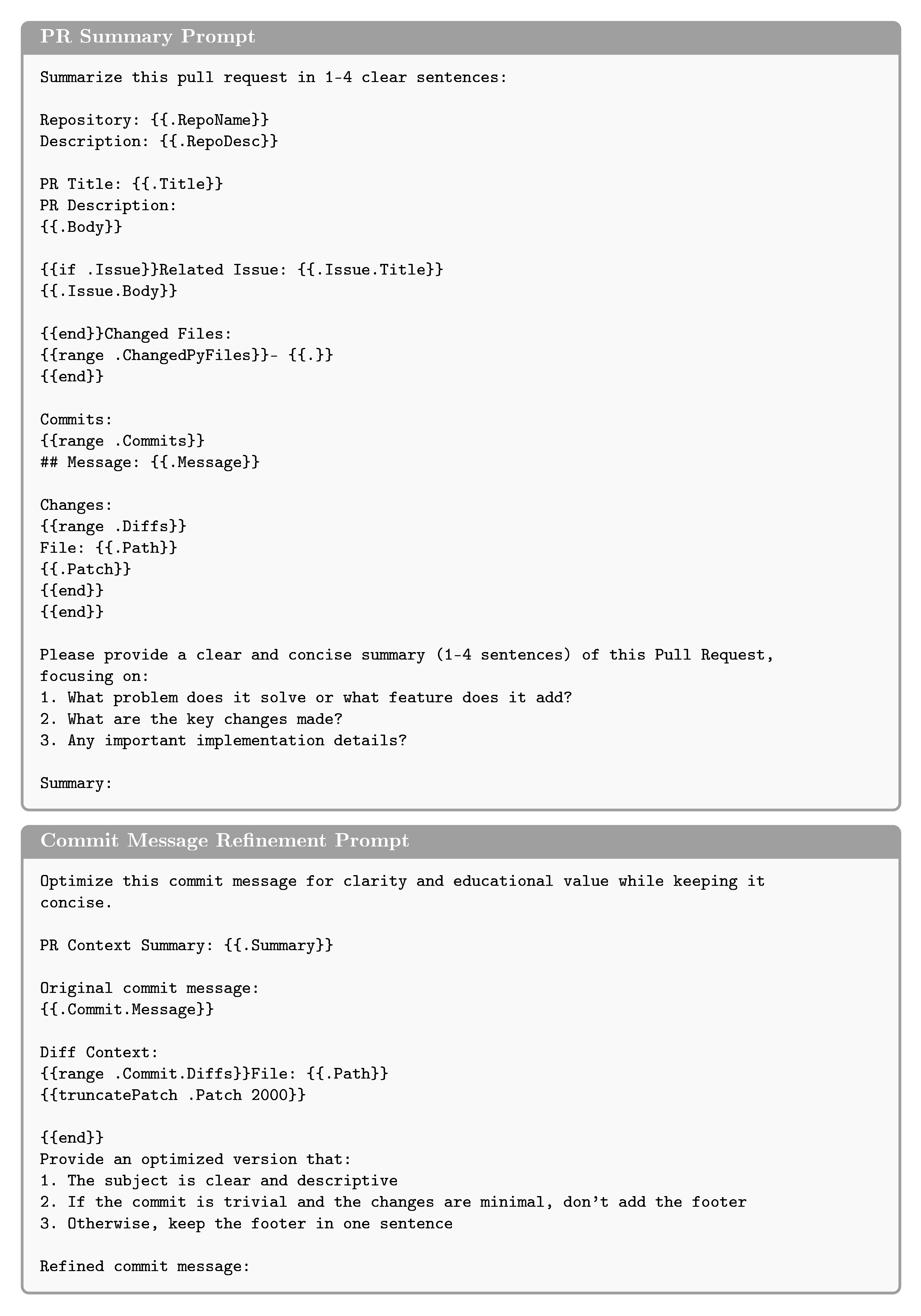 **Figure 5:** Prompts used for optional LLM-based PR summary generation and commit-message refinement during PR rendering.