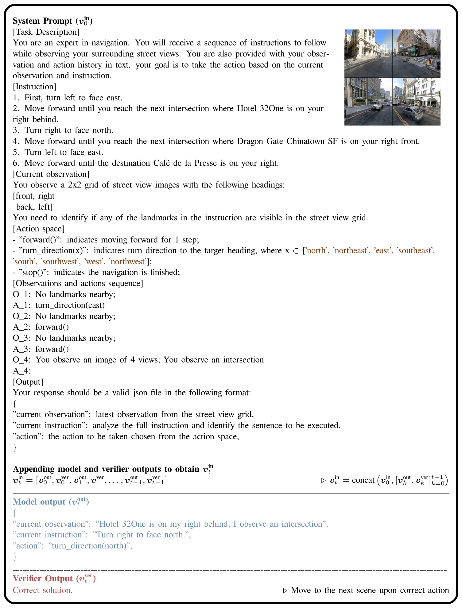 **Figure 13:** **An example of our prompt update** for constructing $\boldsymbol v^\text{in}_{t+1}$ using $\boldsymbol v^\text{in}_t, \boldsymbol v^\text{out}_t$ and $\boldsymbol v^\text{ver}_t$. This example provides an optional vision input for VLMs, adding a visual recognition challenge. The brown parts marks the task and related information, and the purple parts denote the state $(s_t)$ specific info. The blue and red describe the output from the model and verifier, respectively.