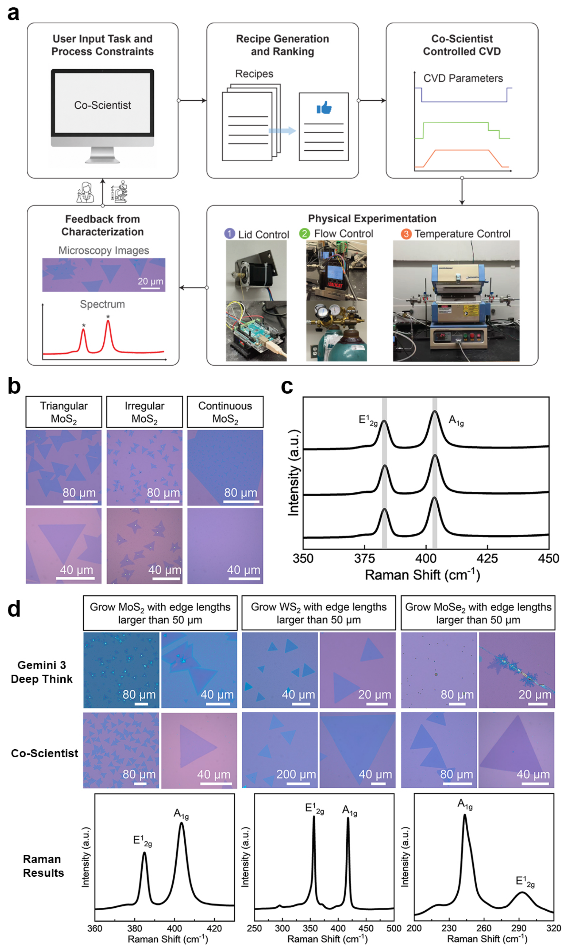 **Figure 3:** **Semi-autonomous CVD protocol design, TMD characterization, and the speed-quality trade-off.** **a,** End-to-end validation workflow: laboratory constraints of our custom CVD system are provided to Co-Scientist, which generates machine-executable growth protocols. **b,** Optical microscopy images of MoS$_2$ grown with diverse target morphologies: triangular flakes with edge lengths exceeding 50 $\mu$ m, irregular flakes, and continuous films (<div id=