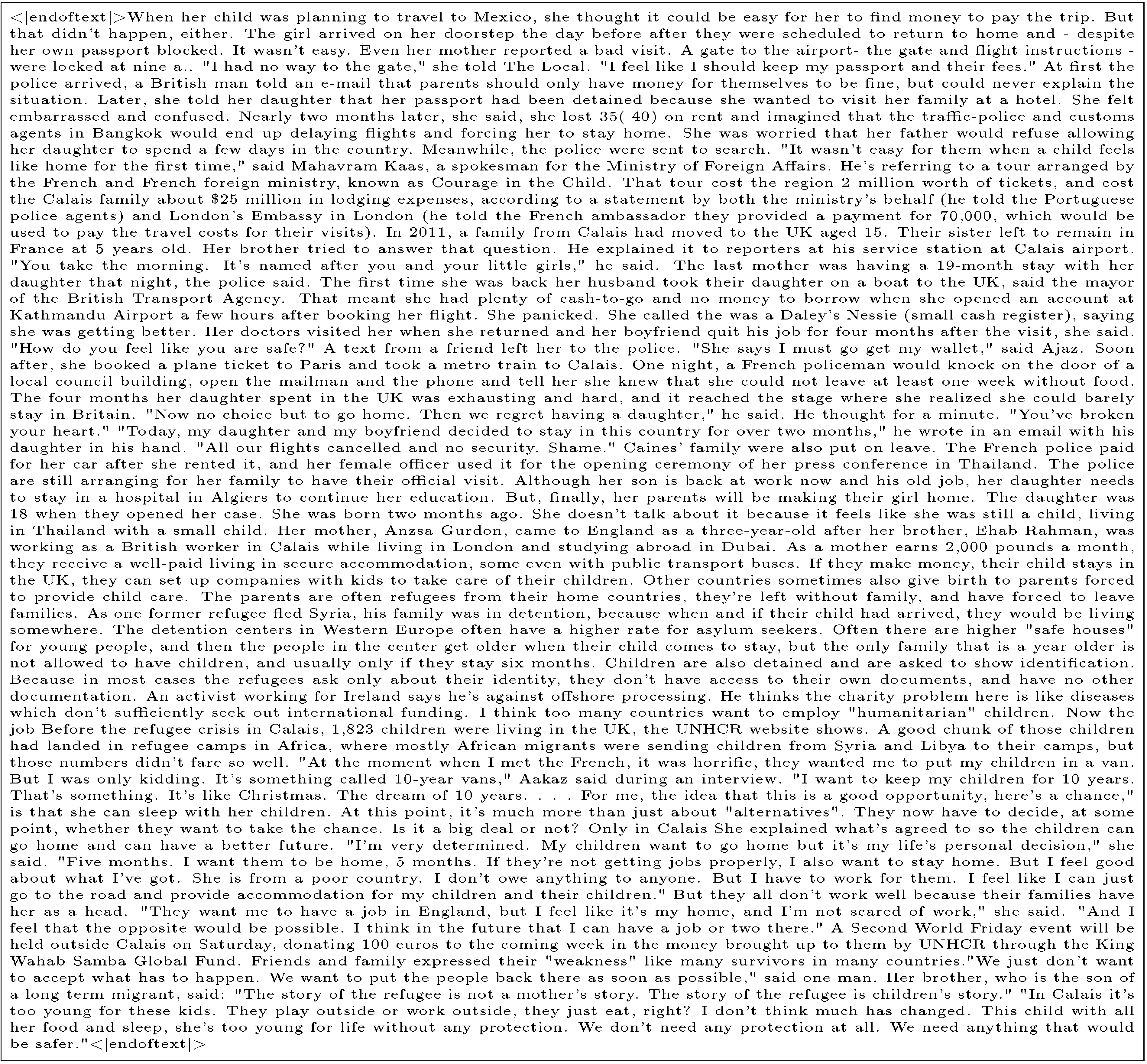 **Figure 7:** Sample from BD3-LM for block size $L'=16$ of length $L=2031$ under $T=5$ K diffusion steps (trained with a context length of $L=1024$). The generative perplexity of this sample under GPT2-Large is 24.3, and its entropy is 5.5.