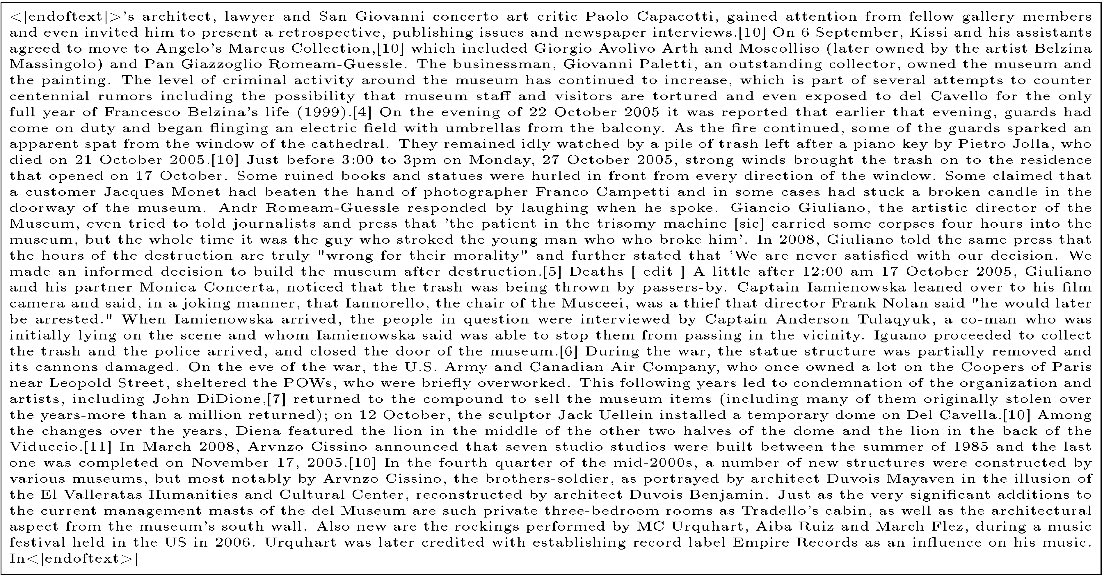 **Figure 6:** Sample from MDLM ([7]) of length $L=1024$ and $T=5$ K diffusion steps. The generative perplexity of this sample under GPT2-Large is 69.26 and its entropy is 5.6.