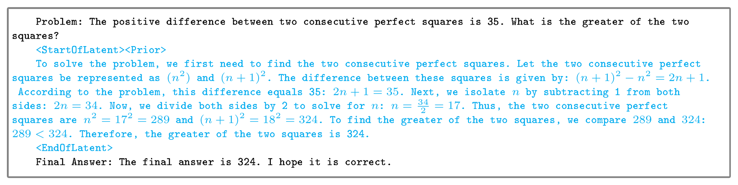 **Figure 4:** **Downstream transfer of latent thoughts.** Since models have been trained on data augmented with latent thoughts at scale, they can be few-shot prompted to perform CoT reasoning in the *latent space* $Z$ on downstream tasks (*e.g.*, MATH). We provide the prompt in Appendix C.2 and additional examples in Appendix D.1.