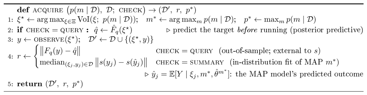 **Algorithm 2:** $\textsc{acquire}$ — design one experiment (VoI), run it, and score the current pool's fit, returning the residual $r$ that drives the $\mathcal M$-open trigger of Algorithm 1. $\textsc{check}$ selects the score: $\textsc{summary}$ (default) is the in-distribution fit residual in the inference lens $s$; $\textsc{query}$ is the out-of-sample residual on the fixed task functional $F_q$, predicted *prequentially* (before the experiment is run) and compared to the observed outcome.