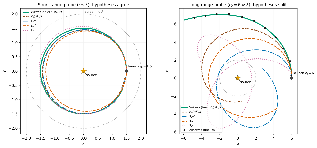 **Figure 15:** **Probe orbits under the candidate force laws for $\textsc{yukawa}$ world: a short-range vs. a long-range design.** The screened Yukawa kernel $K_1(r/\lambda)/\lambda$ and the power laws fit to the short-range seed data nearly coincide for $r\le\lambda$ and diverge only beyond it. *(left)* Launched within the screening length ($r_0{=}1.5$), every candidate law traces almost the same orbit — they cannot be told apart. *(right)* Launched well beyond it ($r_0{=}6$, matching the long-range probes of Figure 1b): the true screened kernel (green, with the observed data) has decayed, so it holds a wide slow arc, whereas the un-decayed power-law near-misses are far too strong at this range and plunge inward — the hypotheses fan out.