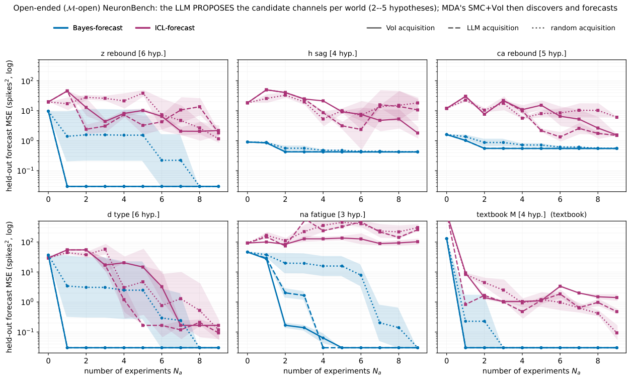 **Figure 4:** **Data efficiency on all six $\textsc{NeuronBench}$ worlds** (Opus 4.7). For each world the LLM proposes the candidate channels from the phenotype ($2$ – $5$ hypotheses, shown in the panel title), and then MDA designs experiments to confirm or refute these hypotheses. After each experiment, we plot the forecast accuracy on the test data. Colour $=$ forecaster (blue Bayes-forecast, purple in-context forecast), line style $=$ acquisition (VoI solid, LLM dashed, random dotted); held-out interventional forecast MSE (spikes$^2$, log) vs. number of experiments; shaded bands are $\pm1$ SE over 3 random initial conditions. The Bayes-forecaster dominates the in-context forecaster everywhere; within the Bayes family VoI and LLM design are similar and both beat random.