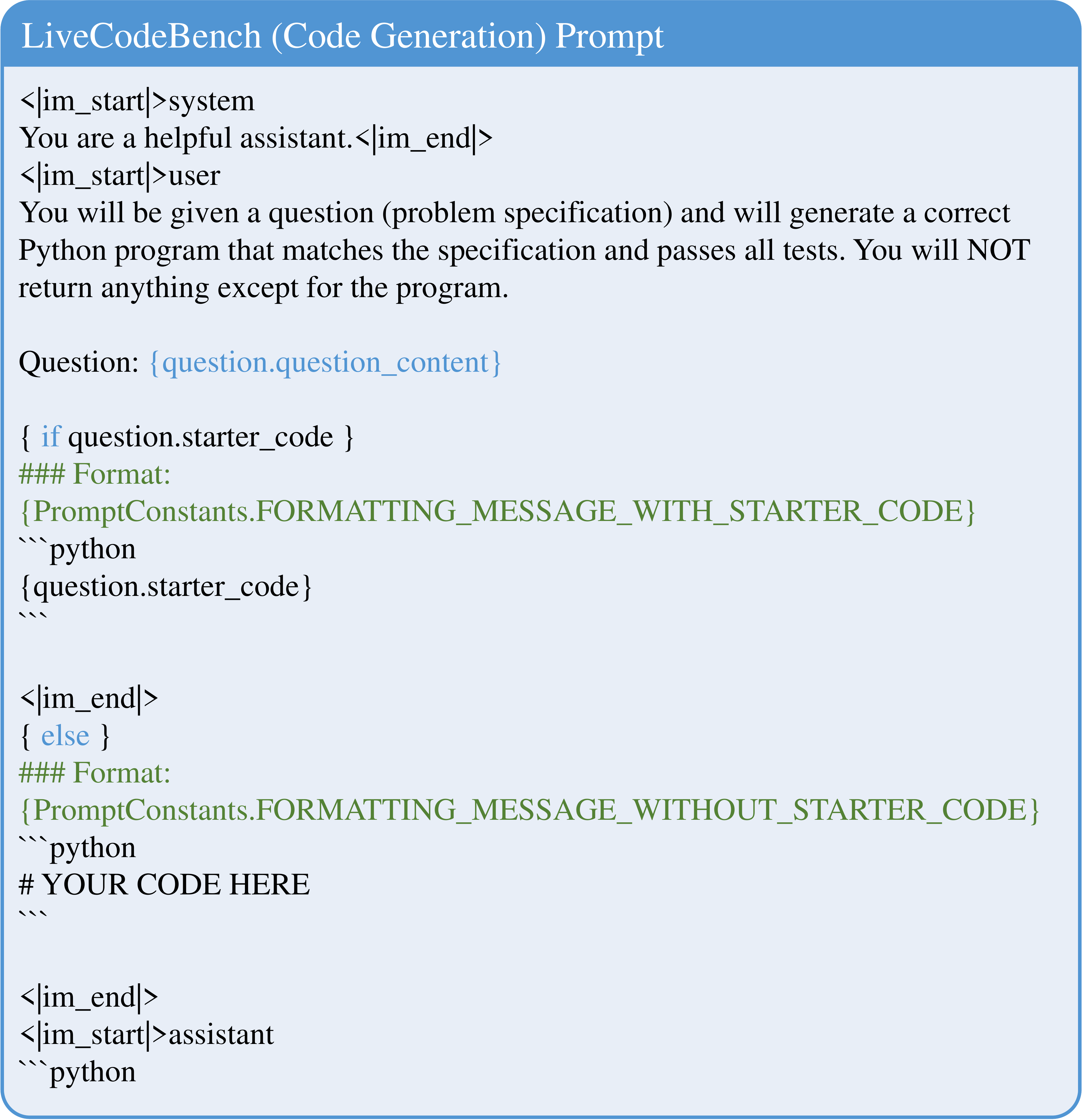 **Figure 25:** Since Code-R1 does not specify an evaluation prompt, we adopt the original LiveCodeBench evaluation prompt. To encourage both the base and RL-trained models to generate code, we append $\texttt{```python}$ to the end of the prompt. Using this setup, we reproduce a pass@ $1$ score of 28.6, which is close to the reported 29.7.