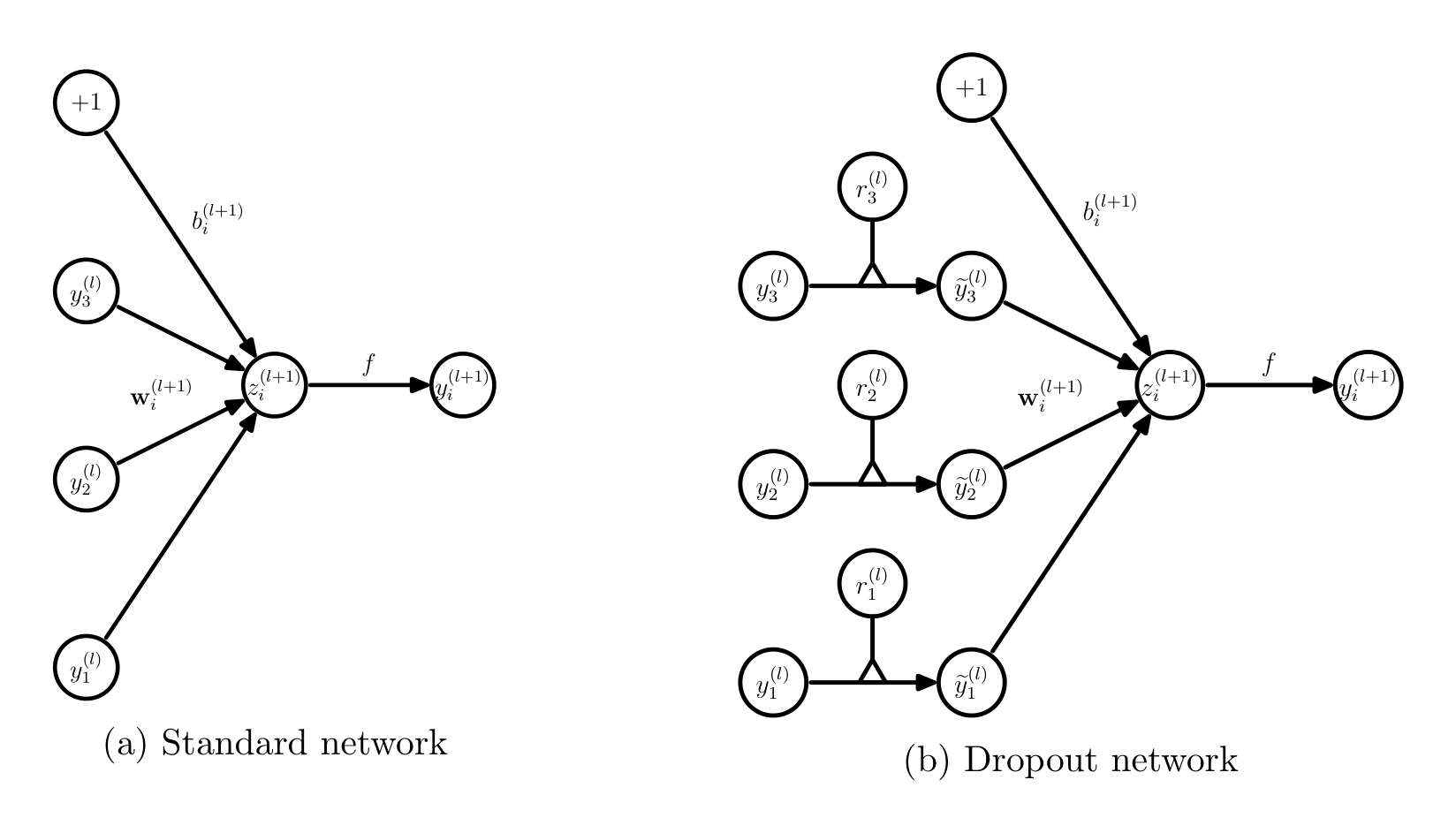 Figure 3: Comparison of the basic operations of a standard and dropout network.