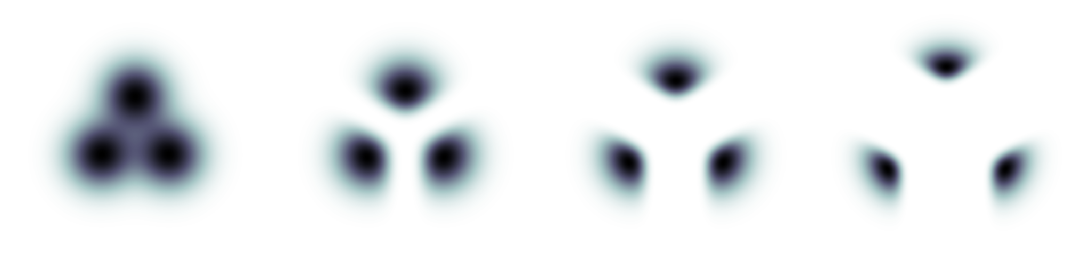 **Figure 2:** The effect of guidance on a mixture of three Gaussians, each mixture component representing data conditioned on a class. The leftmost plot is the non-guided marginal density. Left to right are densities of mixtures of normalized guided conditionals with increasing guidance strength.