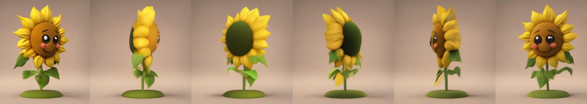 **Figure 24:** Text-to-image-to-multi-view generation samples: text to image using SDXL with the prompt "Centered 3D model of a cute anthropomorphic sunflower figure (plain background, unreal engine render 4k)", and image-to-multi-view using our SVD-MV model trained on Objaverse