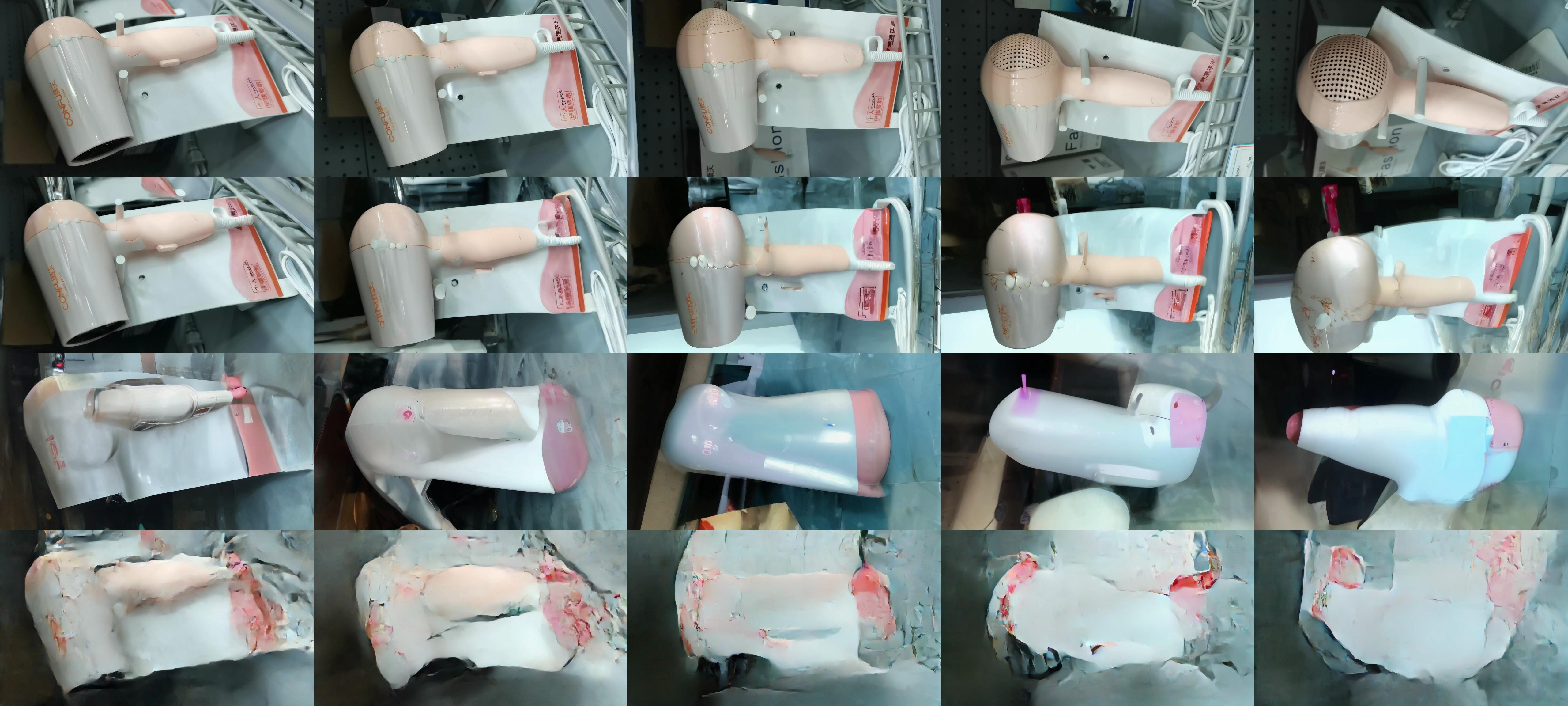 **Figure 25:** Additional multi-view generation samples from MVI dataset, using our SVD-MV model trained on MVImgNet, and comparison with other methods. Top row is ground truth frames, second row is sample frames from SVD-MV (ours), third row is from SD2.1-MV, bottom row is from Scratch-MV