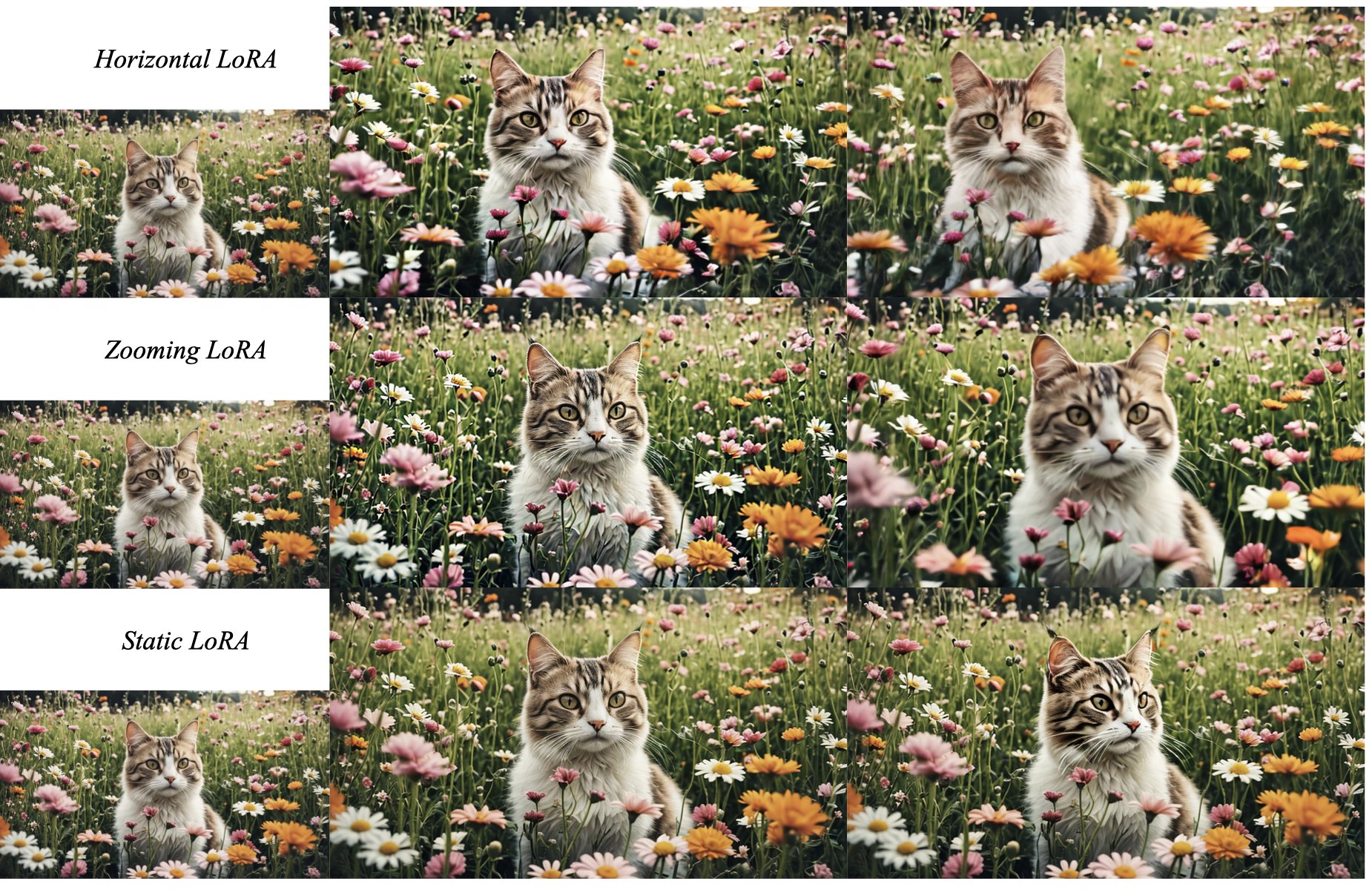 **Figure 7:** Applying three camera motion LoRAs (*horizontal*, *zooming*, *static*) to the same conditioning frame (on the left).