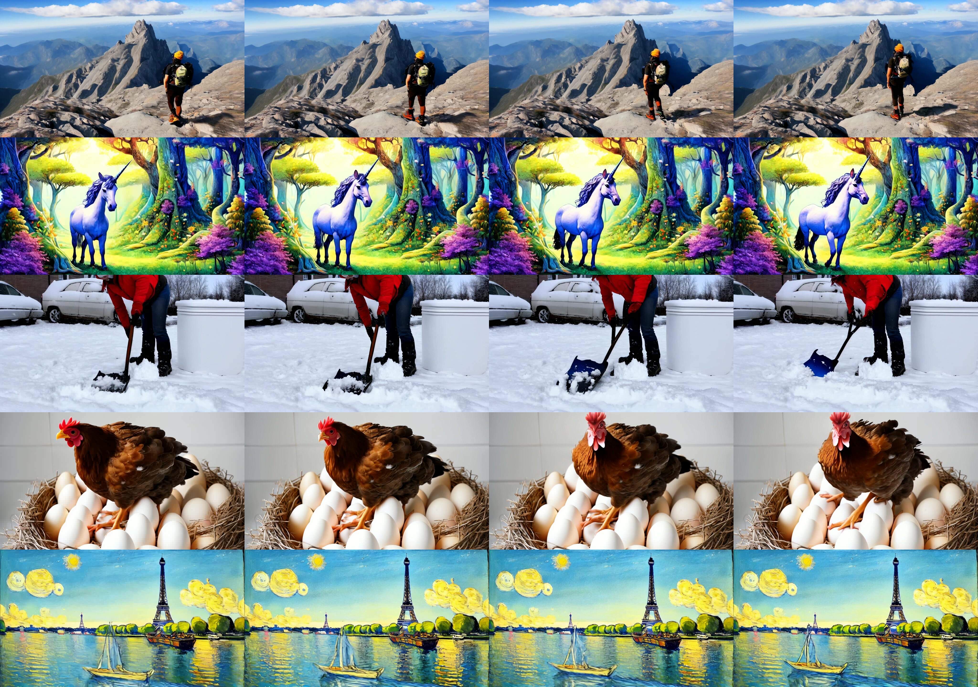 **Figure 18:** Additional Text-to-Video samples. Captions from top to bottom: "A hiker is reaching the summit of a mountain, taking in the breathtaking panoramic view of nature.", "A unicorn in a magical grove, extremely detailed.", "Shoveling snow", "A beautiful fluffy domestic hen sitting on white eggs in a brown nest, eggs are under the hen.", and "A boat sailing leisurely along the Seine River with the Eiffel Tower in background by Vincent van Gogh".