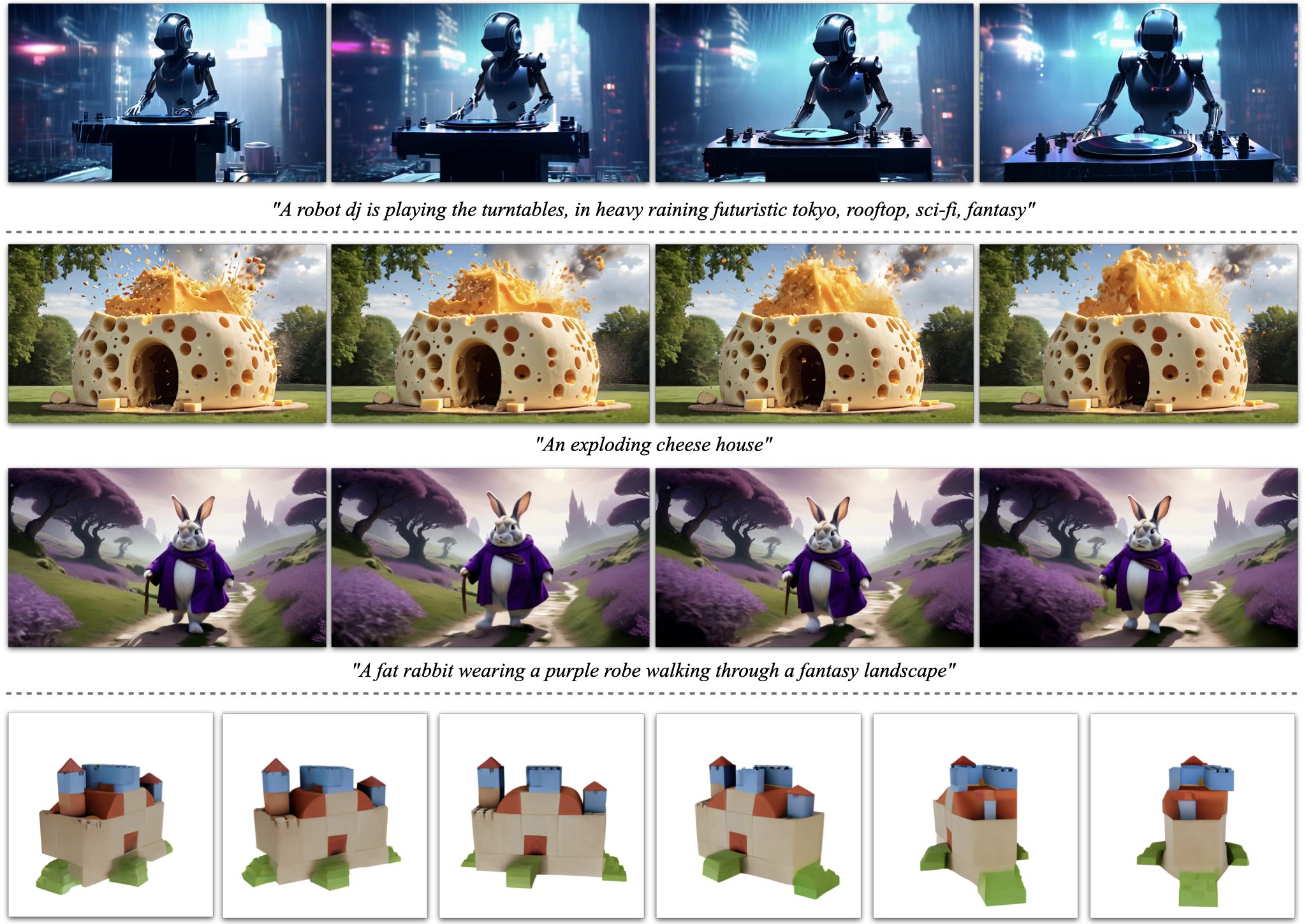 **Figure 1:** **Stable Video Diffusion samples**. *Top:* Text-to-Video generation. *Middle:* (Text-to-)Image-to-Video generation. *Bottom:* Multi-view synthesis via Image-to-Video finetuning.