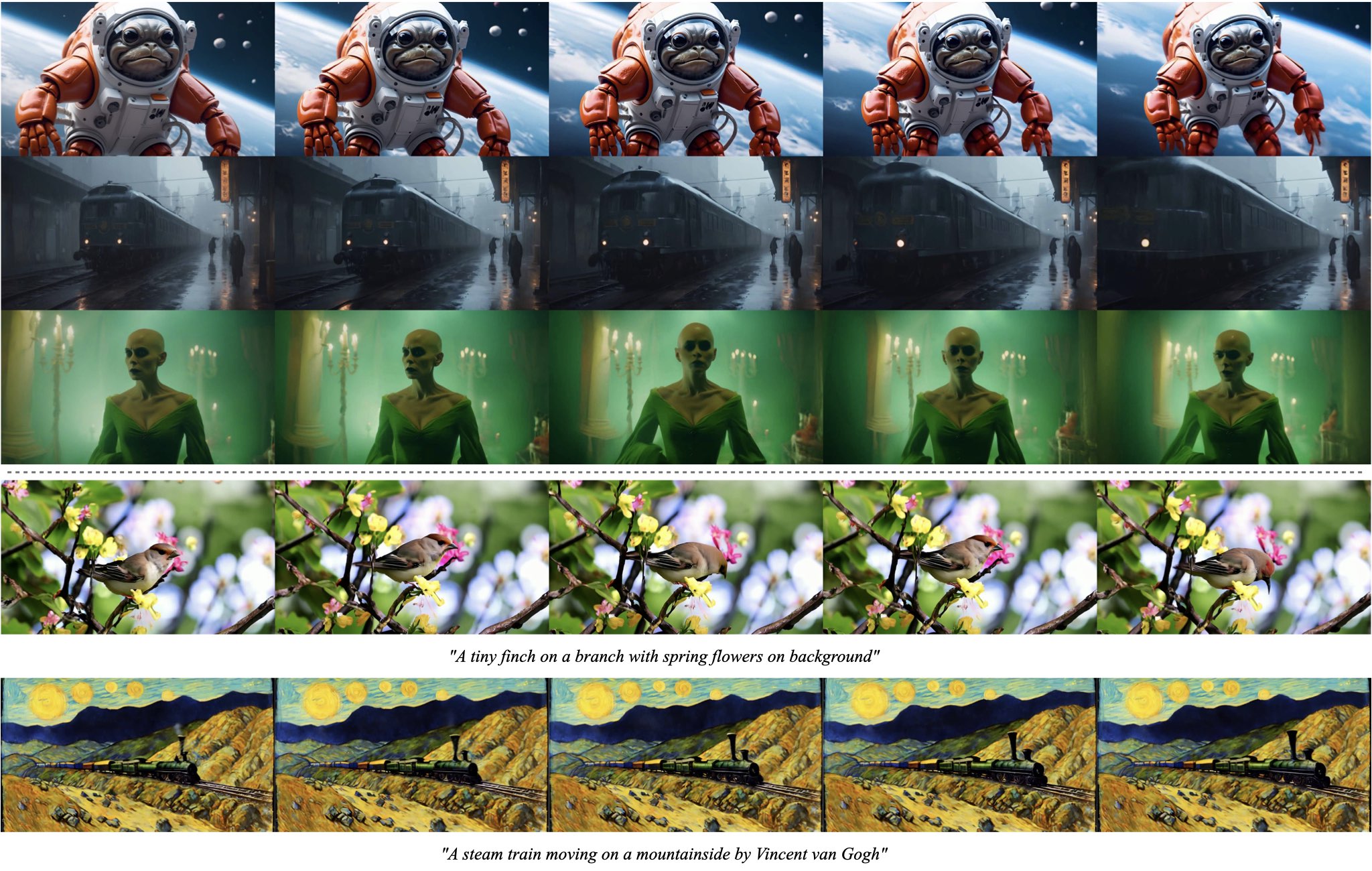 **Figure 5:** Samples at $576\times1024$. *Top:* Image-to-video samples (conditioned on leftmost frame). *Bottom:* Text-to-video samples.