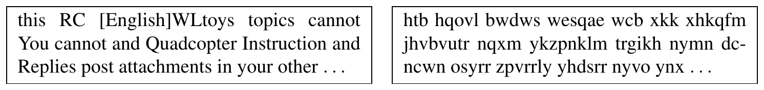 **Figure 4:** Examples of "low-quality" documents injected into CC pool. **Left**: documents with shuffled word order. **Right**: documents with randomly generated strings.
