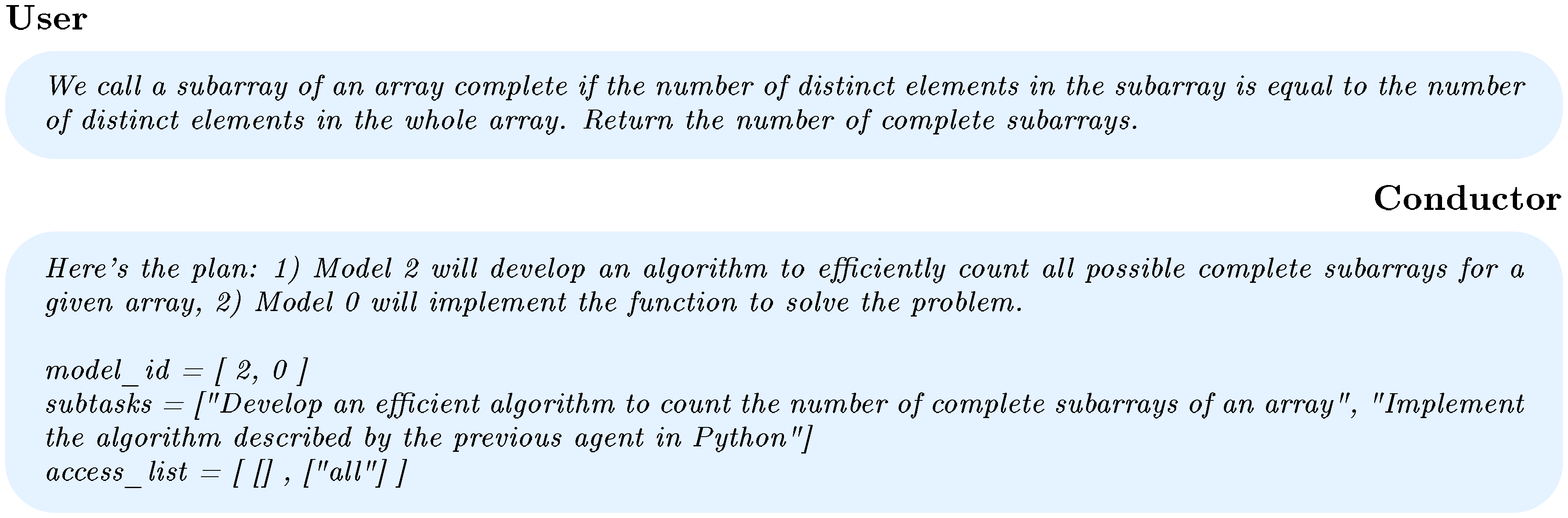 **Figure 2:** **The Conductor output.** The Conductor responds with the entire coordination strategy.