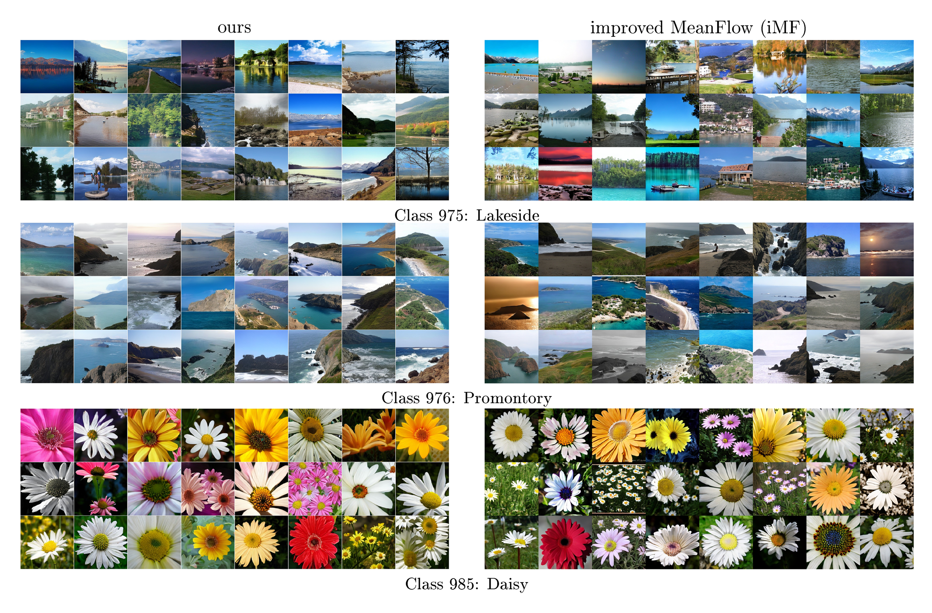 **Figure 20:** **Side-by-side comparison with improved MeanFlow (iMF) [40] (page 5/5).** Uncurated samples from our method (left) and iMF (right) on **all** ImageNet classes visualized in the iMF paper. Both methods generate images with a single neural function evaluation (1-NFE). The iMF visualizations use CFG $\omega{=}6.0$ and interval $[t_\text{min}, t_\text{max}]{=}[0.2, 0.8]$, achieving FID 3.92 and IS 348.2 (DiT-XL/2). For fair comparison, we set the CFG scale to match the IS of iMF visualizations, which leads to FID 3.01 and IS 354.4 (at CFG=1.5) for our method (DiT-L/2).