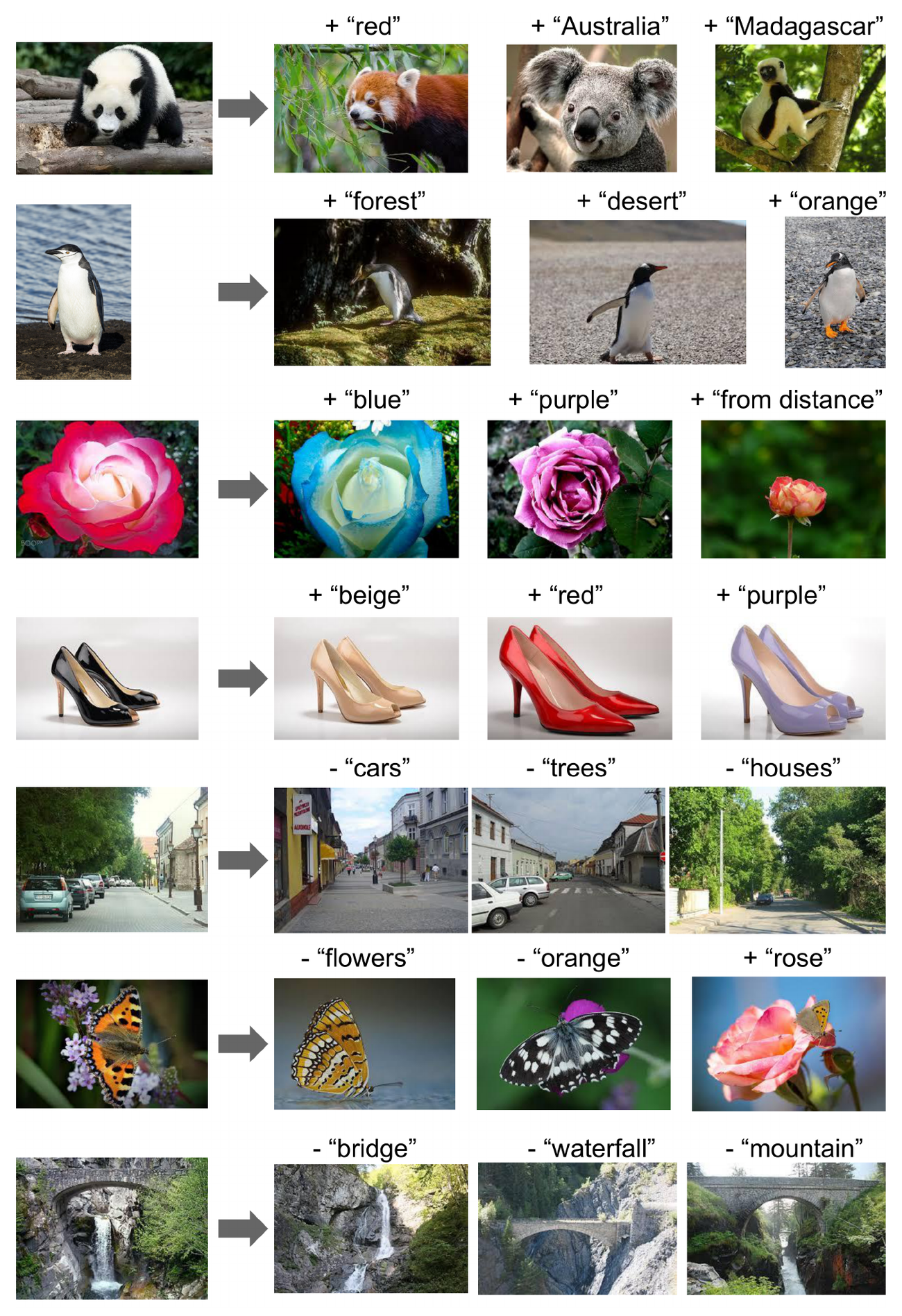 **Figure 5:** Image retrieval with image $\pm$ text queries. We add (or subtract) text query embedding to (or from) the image query embedding, and then use the resulting embedding to retrieve relevant images using cosine similarity.