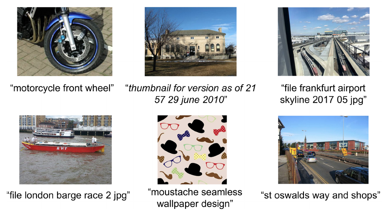**Figure 2:** Example image-text pairs randomly sampled from the training dataset of ALIGN. One clearly noisy text annotation is marked in *italics*.
