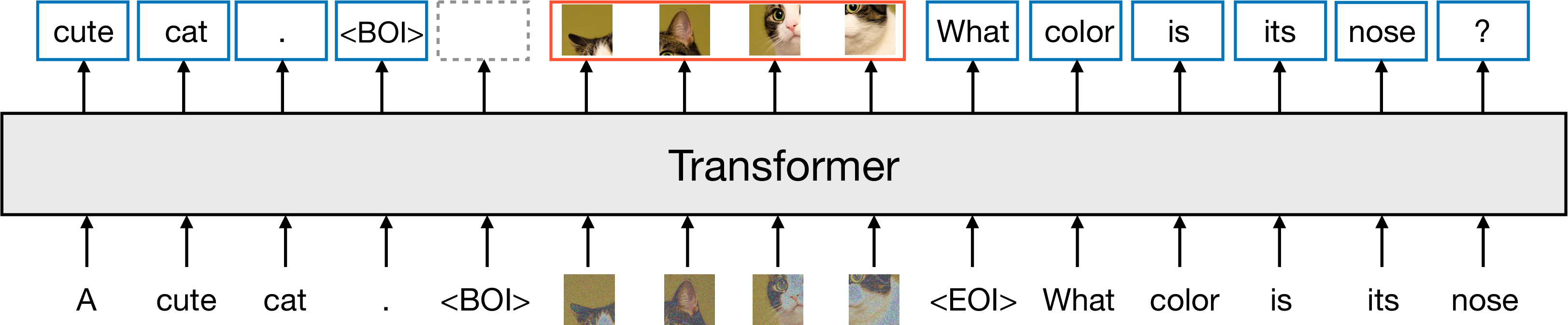 **Figure 1:** A high-level illustration of Transfusion. A single transformer perceives, processes, and produces data of every modality. Discrete (text) tokens are processed autoregressively and trained on the <span style="color:#2171c7">next token prediction</span> objective. Continuous (image) vectors are processed together in parallel and trained on the <span style="color:#e69500">diffusion</span> objective. Marker BOI and EOI tokens separate the modalities.